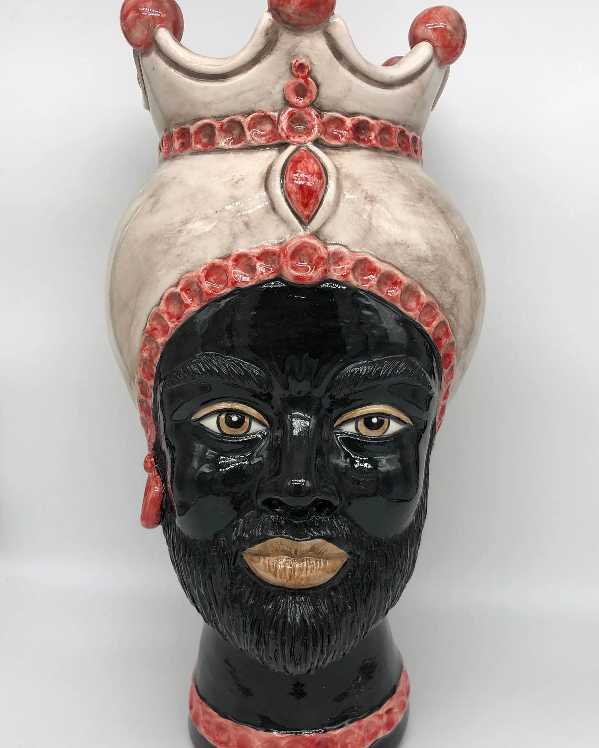 Teste di Moro Luis Ceramica Caltagirone cm H.44 L.23 Artigianale Turbante Liscio Écru Rosso DD CERAMICHE SICILIANE
