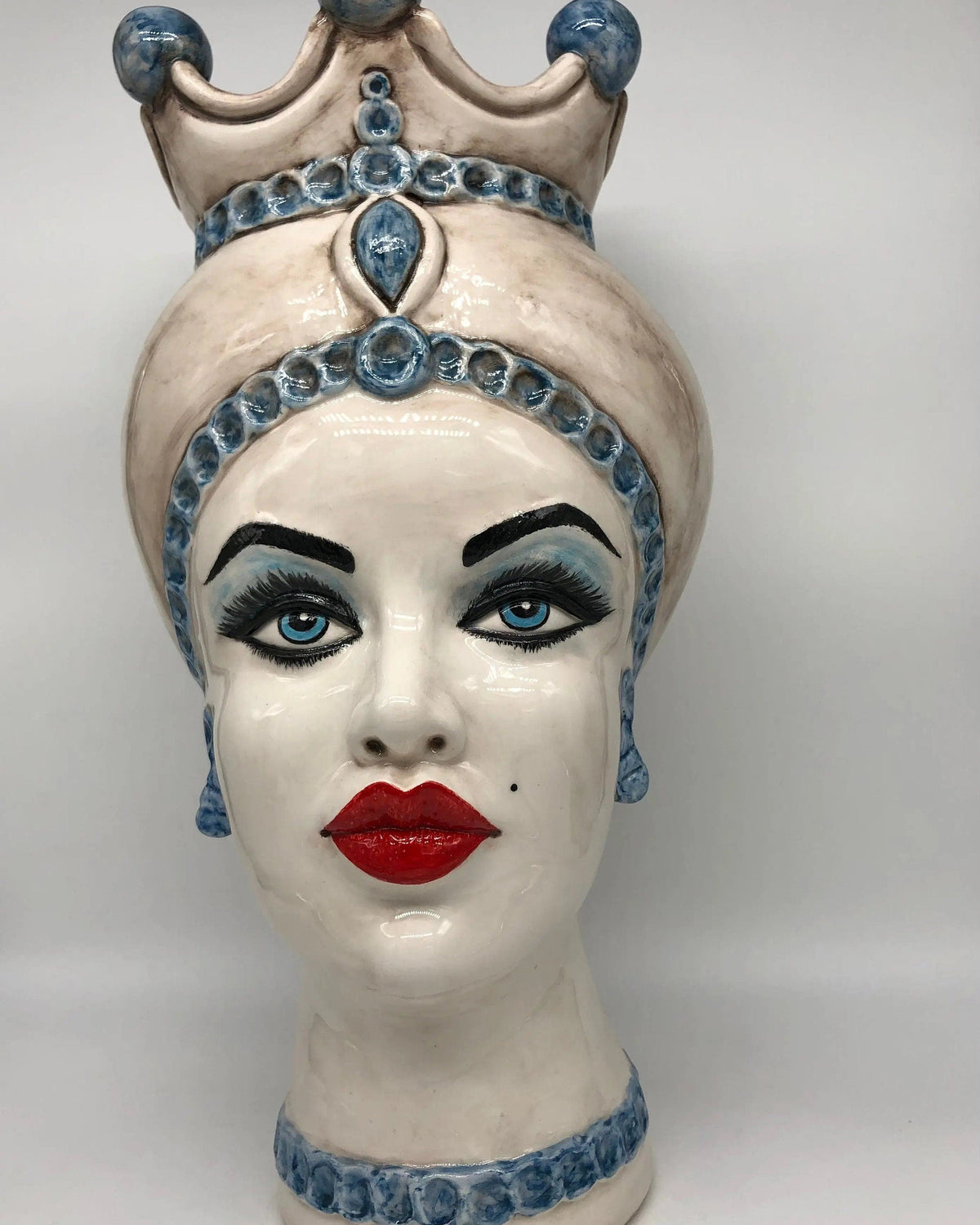 Teste di Moro Luis Ceramica Caltagirone cm H.44 L.23 Artigianale Turbante Liscio Écru Azzurro DD CERAMICHE SICILIANE