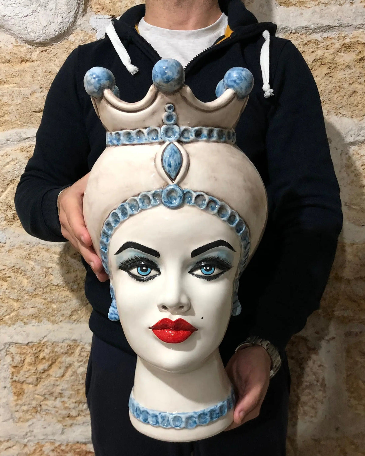 Teste di Moro Luis Ceramica Caltagirone cm H.44 L.23 Artigianale Turbante Liscio Écru Azzurro DD CERAMICHE SICILIANE