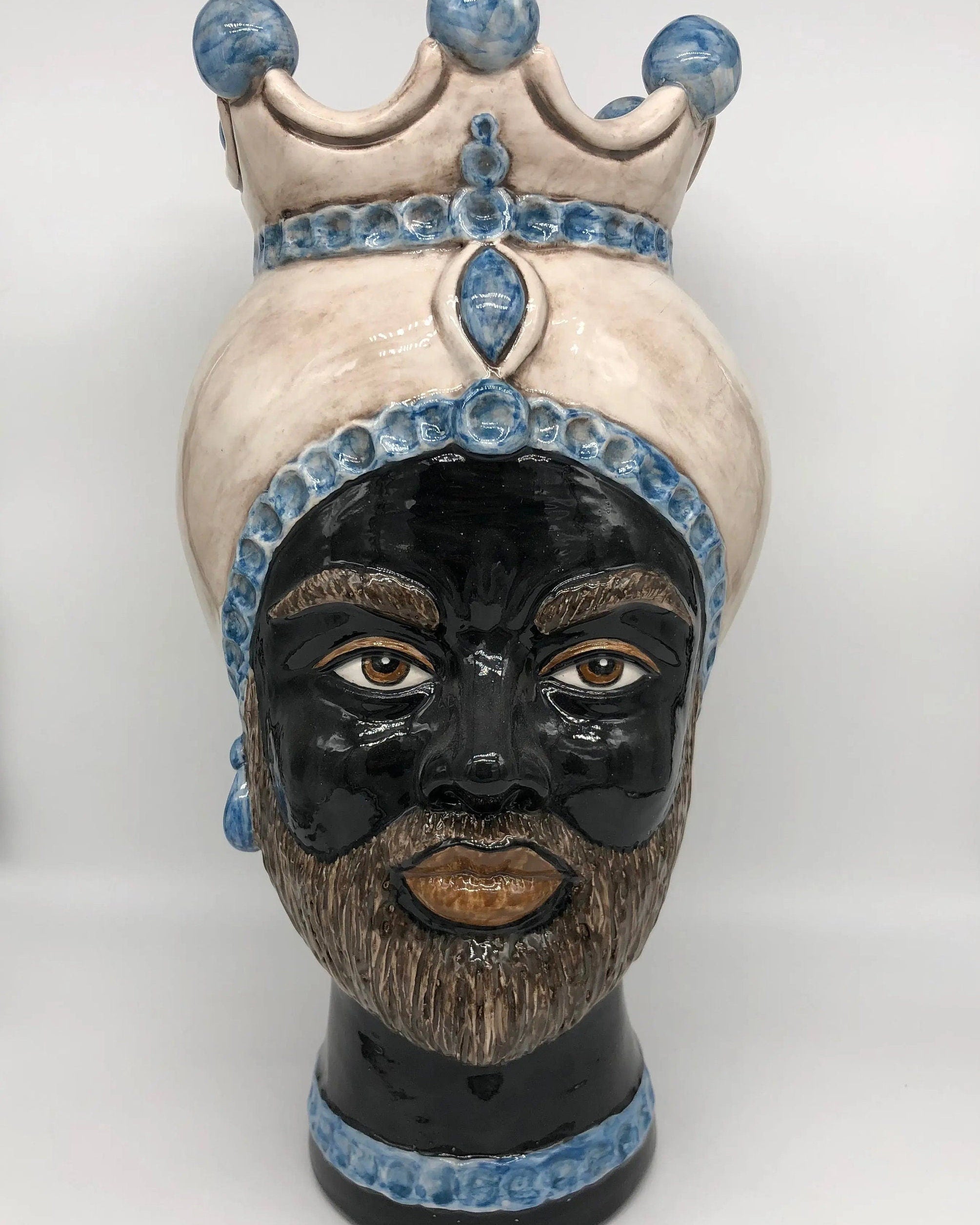 Teste di Moro Luis Ceramica Caltagirone cm H.44 L.23 Artigianale Turbante Liscio Écru Azzurro DD CERAMICHE SICILIANE