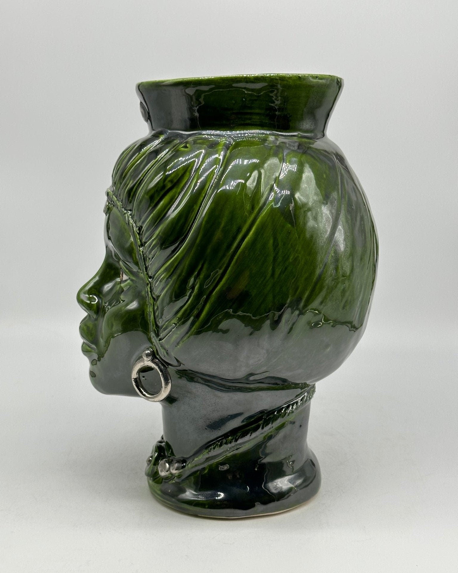 Teste di Moro Mediterraneo Ceramica Caltagirone cm H.29 L.22 Artigianale Verde Platino - DD CERAMICHE SICILIANE
