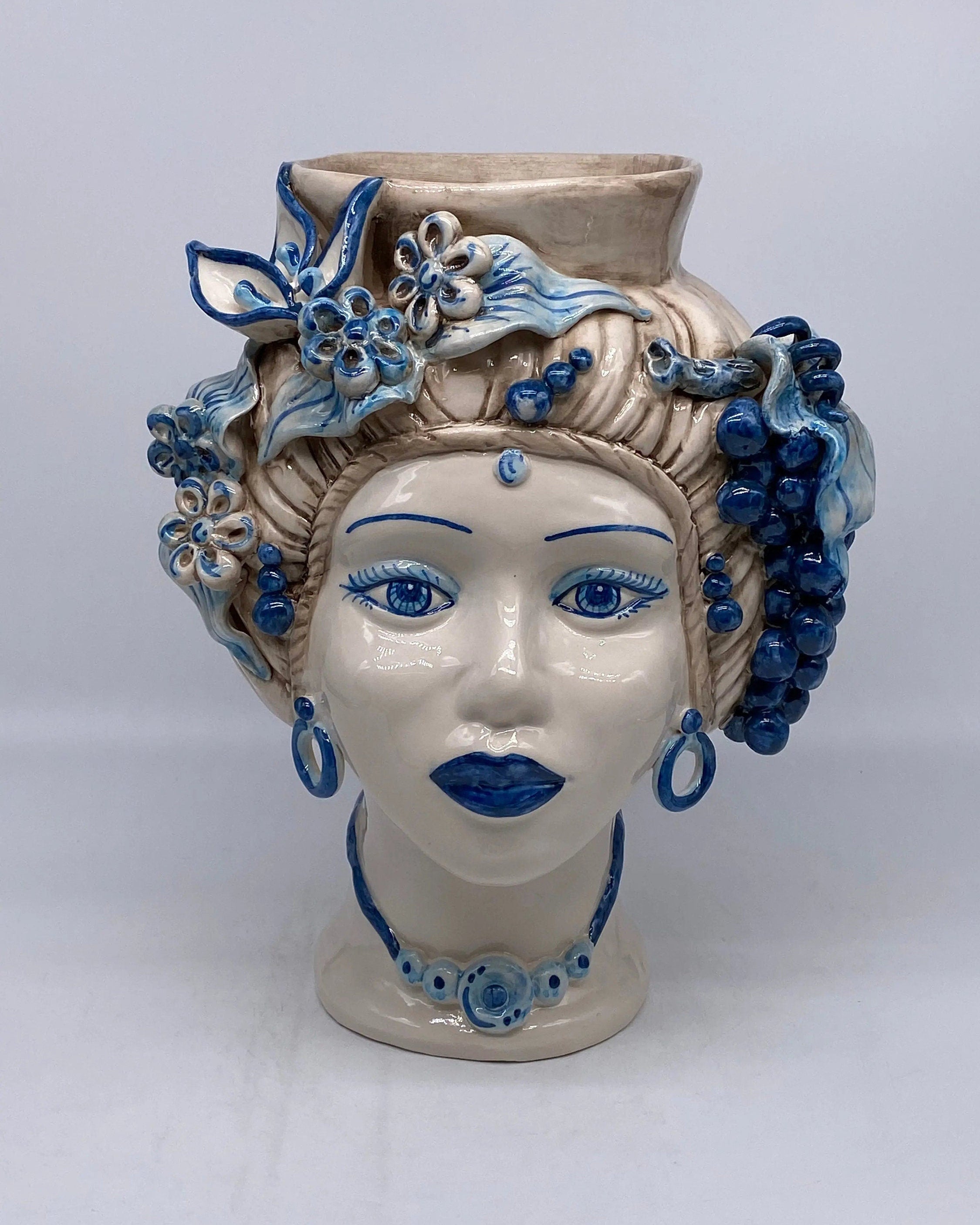 Teste di Moro Mediterraneo Ceramica Caltagirone cm H.29 L.22 Artigianale Bicolore Blu DD CERAMICHE SICILIANE