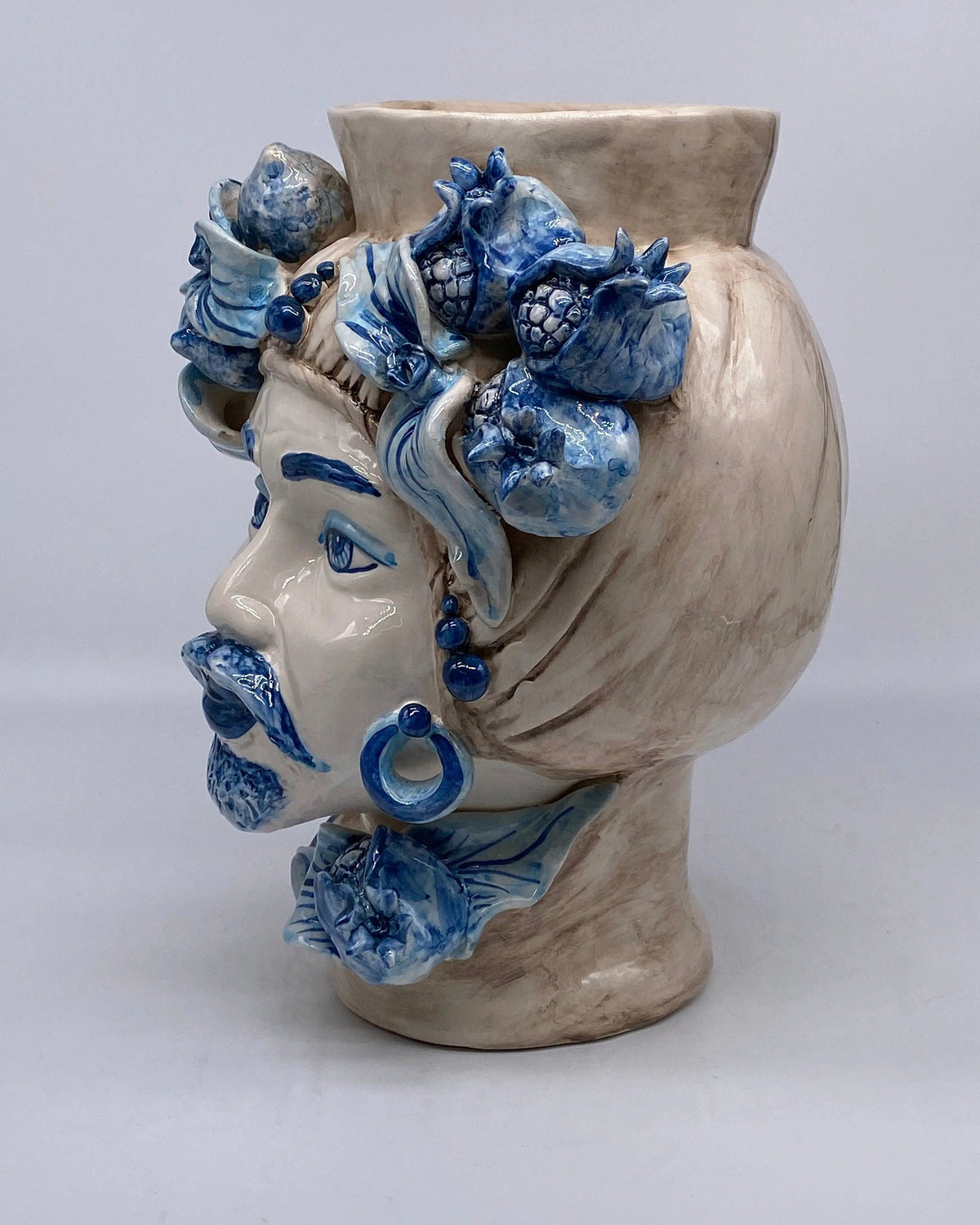 Teste di Moro Mediterraneo Ceramica Caltagirone cm H.29 L.22 Artigianale Bicolore Blu DD CERAMICHE SICILIANE