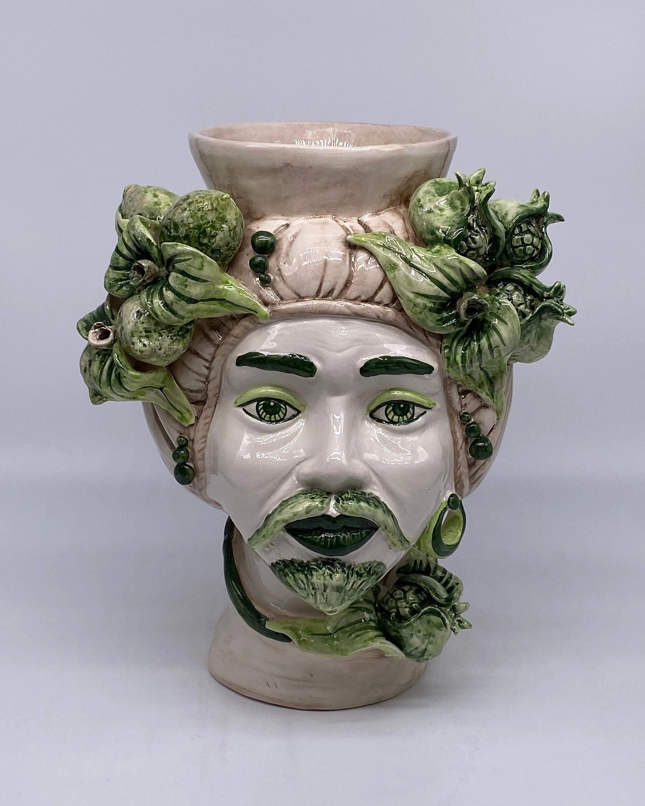 Teste di Moro Mediterraneo Ceramica Caltagirone cm H.29 L.22 Artigianale Bicolore Verde DD CERAMICHE SICILIANE