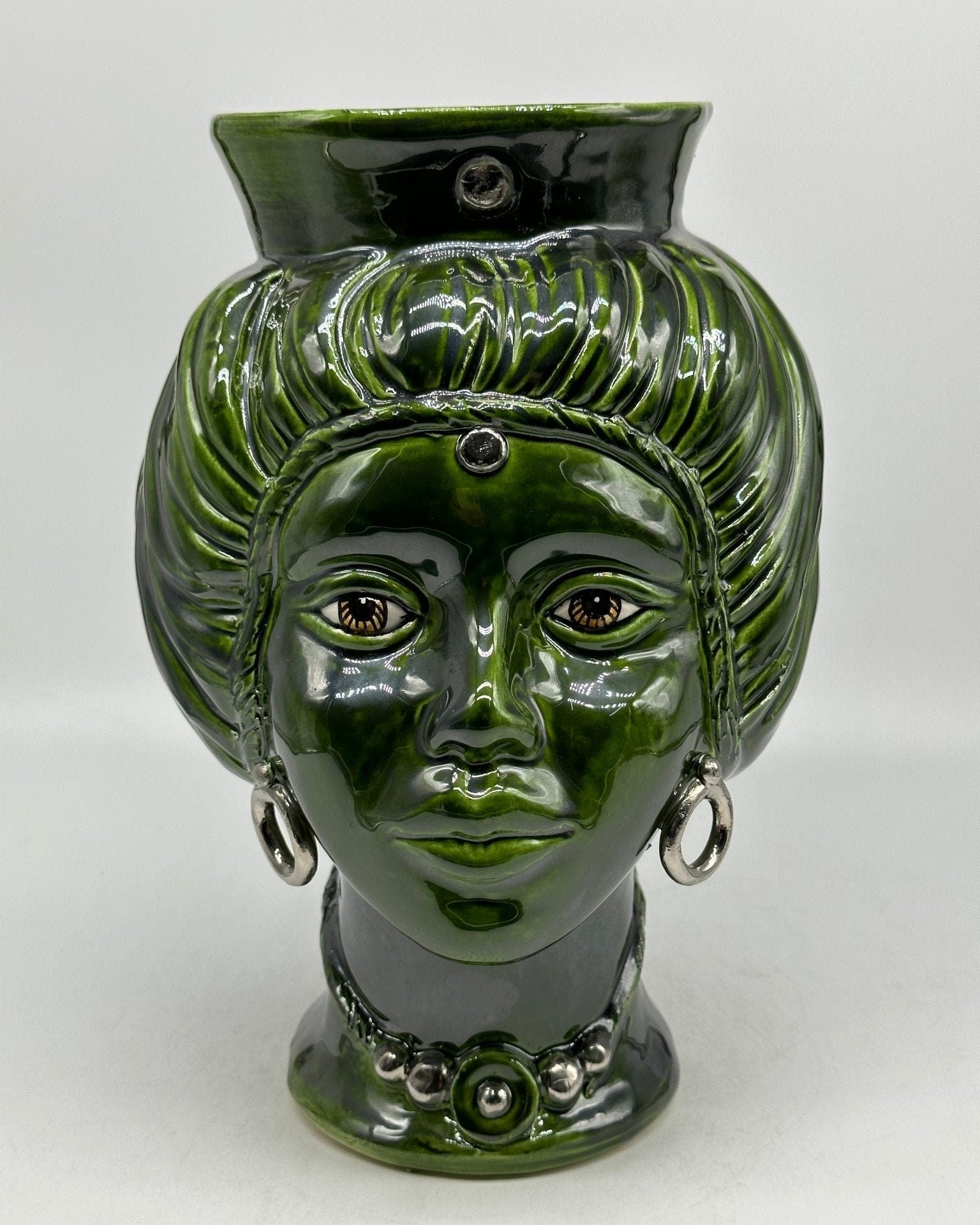 Teste di Moro Mediterraneo Ceramica Caltagirone cm H.29 L.22 Artigianale Verde Platino - DD CERAMICHE SICILIANE