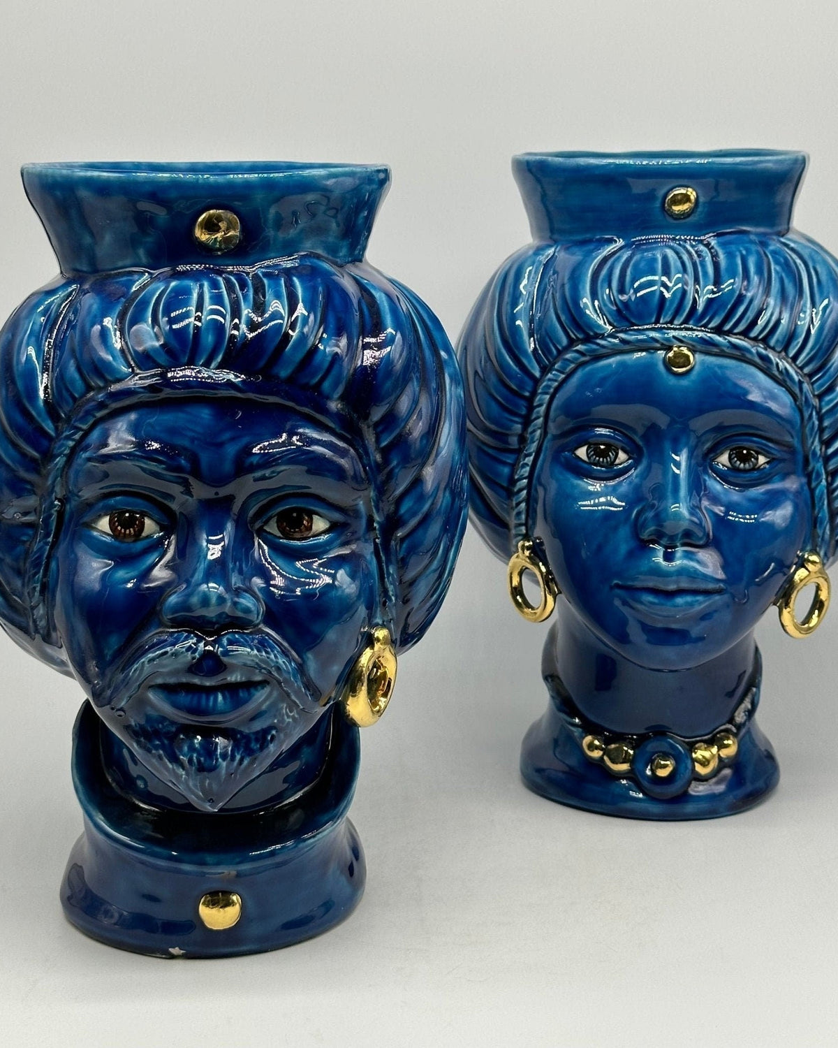 Teste di Moro Mediterraneo Ceramica Caltagirone cm H.29 L.22 Artigianale Blu Oro - DD CERAMICHE SICILIANE