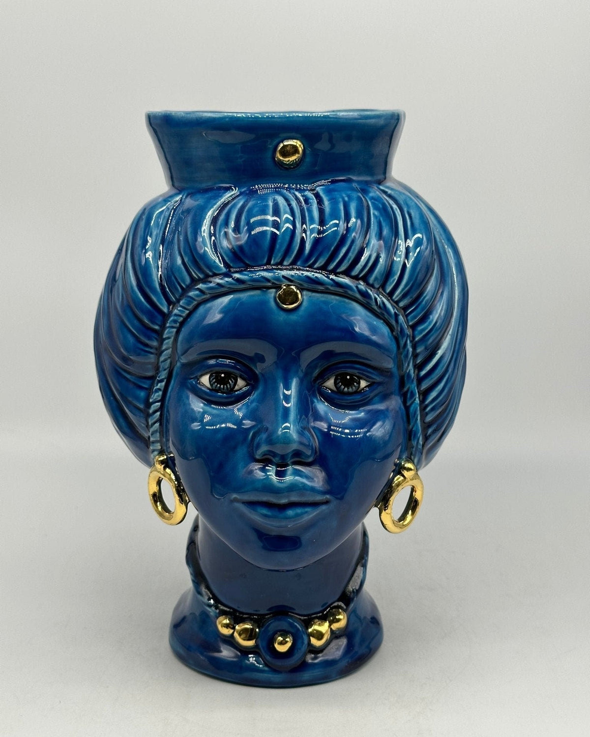 Teste di Moro Mediterraneo Ceramica Caltagirone cm H.29 L.22 Artigianale Blu Oro - DD CERAMICHE SICILIANE