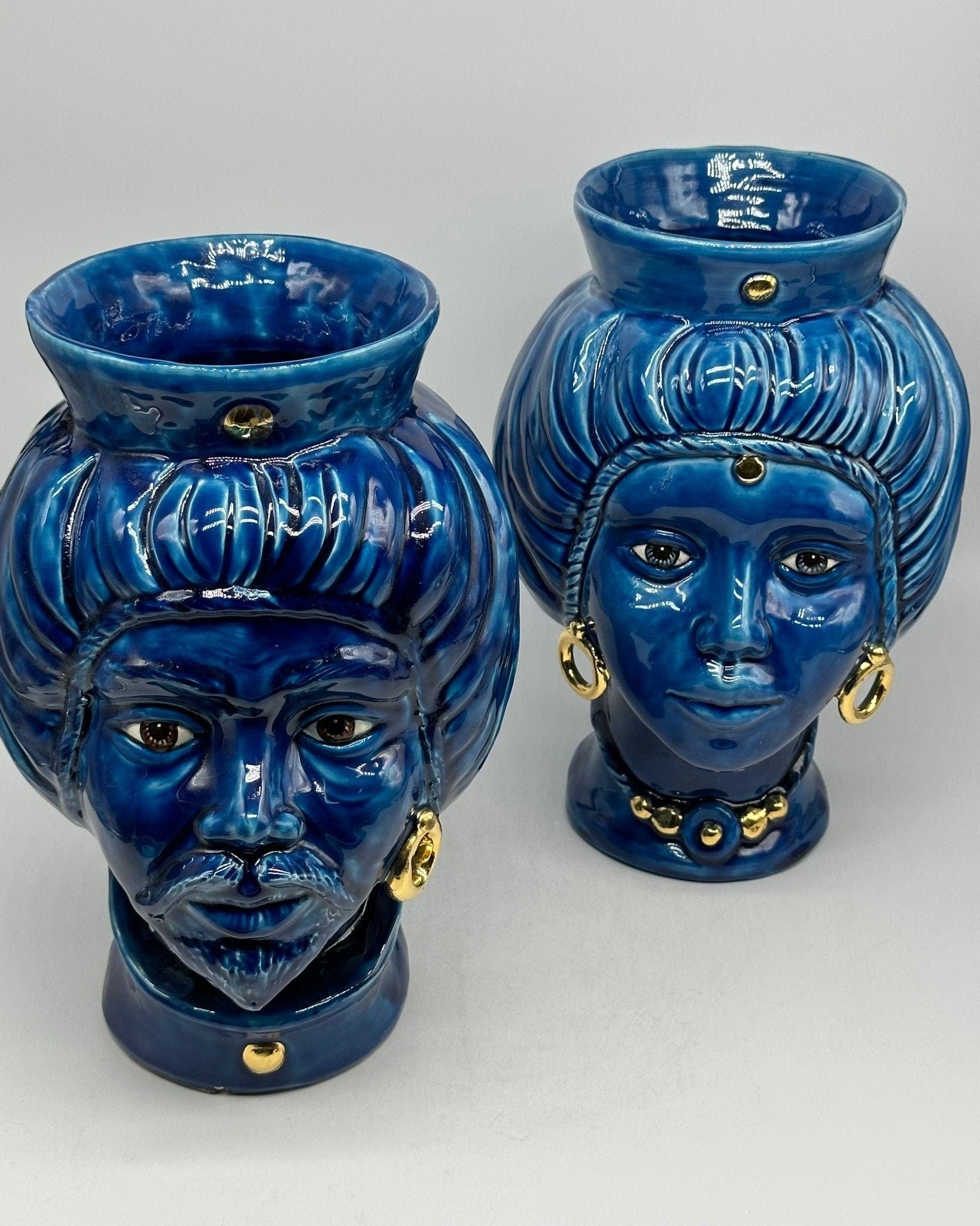 Teste di Moro Mediterraneo Ceramica Caltagirone cm H.29 L.22 Artigianale Blu Oro - DD CERAMICHE SICILIANE