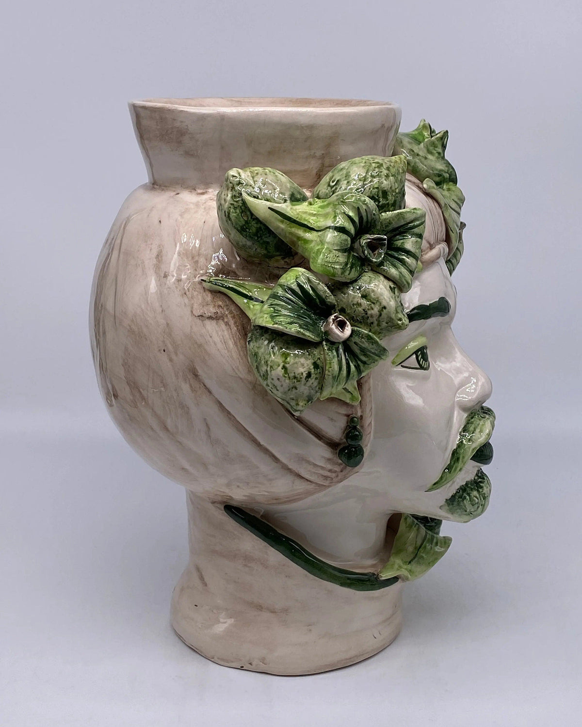 Teste di Moro Mediterraneo Ceramica Caltagirone cm H.29 L.22 Artigianale Bicolore Verde DD CERAMICHE SICILIANE