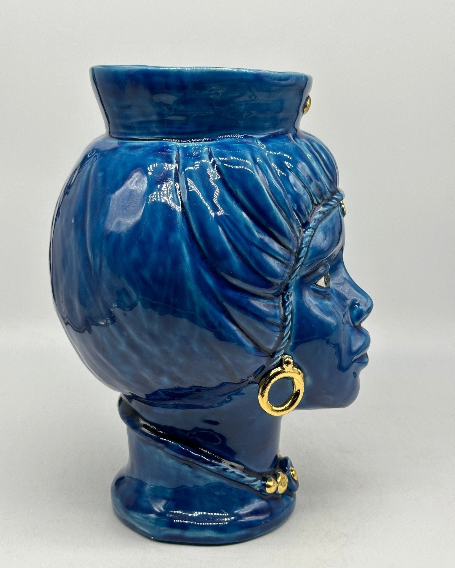 Teste di Moro Mediterraneo Ceramica Caltagirone cm H.29 L.22 Artigianale Blu Oro - DD CERAMICHE SICILIANE