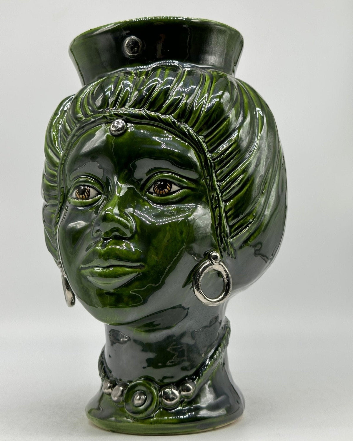 Teste di Moro Mediterraneo Ceramica Caltagirone cm H.29 L.22 Artigianale Verde Platino - DD CERAMICHE SICILIANE
