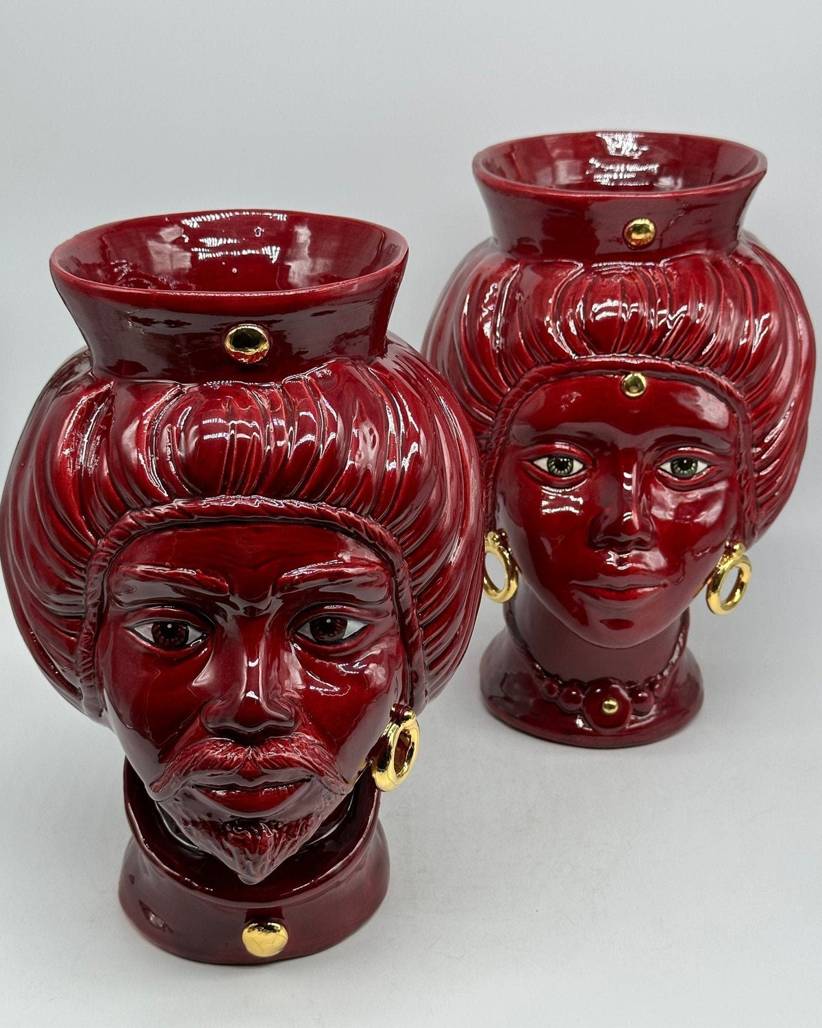 Teste di Moro Mediterraneo Ceramica Caltagirone cm H.29 L.22 Artigianale Bordeaux Oro - DD CERAMICHE SICILIANE