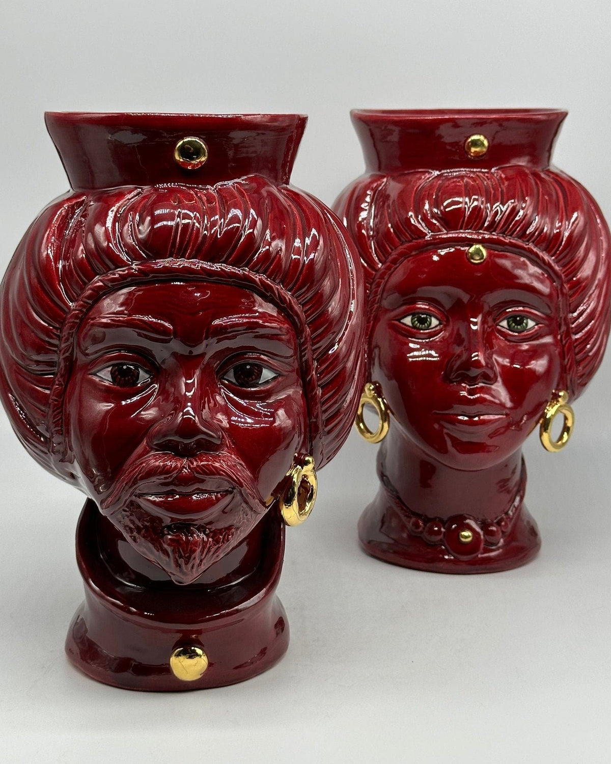 Teste di Moro Mediterraneo Ceramica Caltagirone cm H.29 L.22 Artigianale Bordeaux Oro - DD CERAMICHE SICILIANE