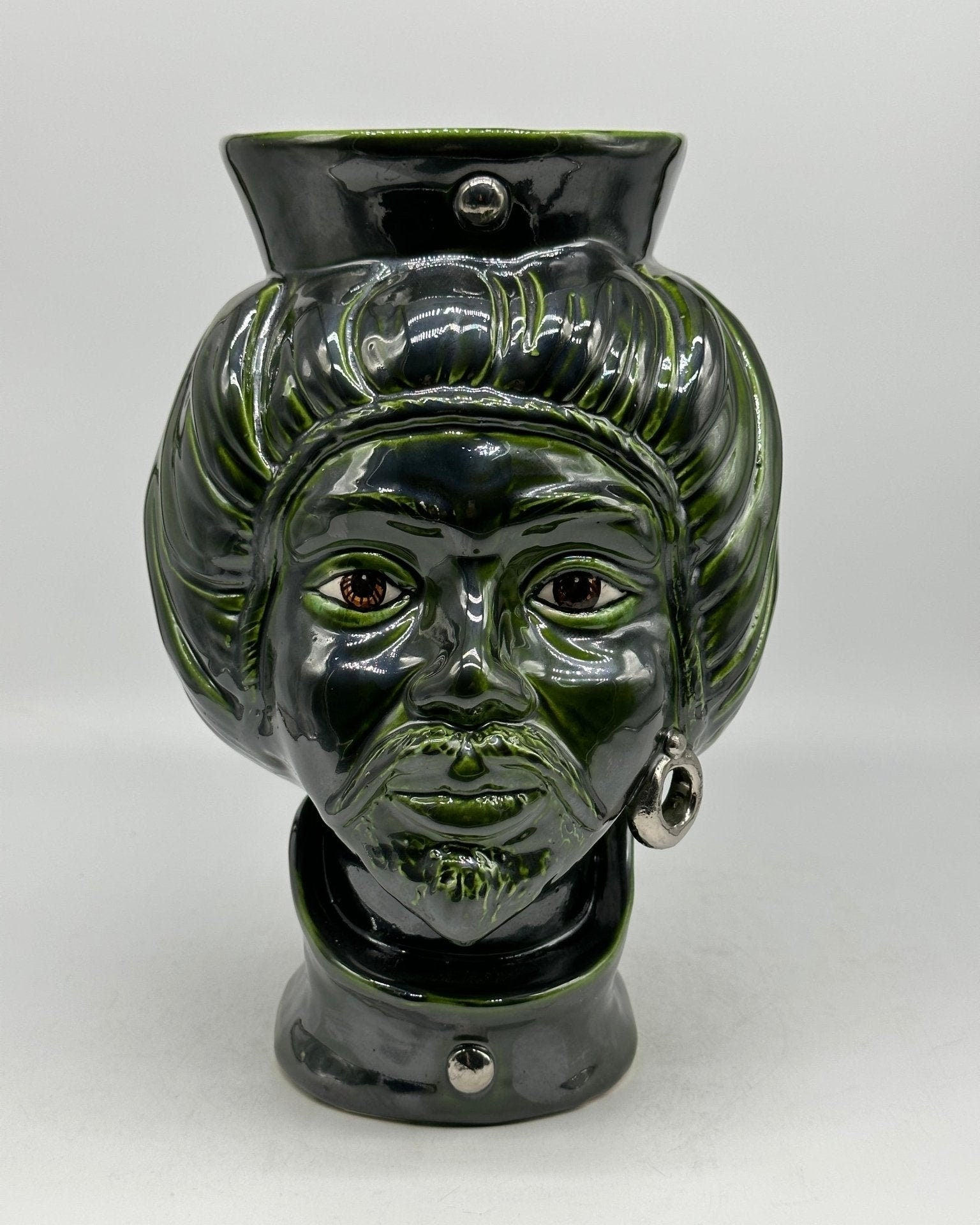 Teste di Moro Mediterraneo Ceramica Caltagirone cm H.29 L.22 Artigianale Verde Platino - DD CERAMICHE SICILIANE
