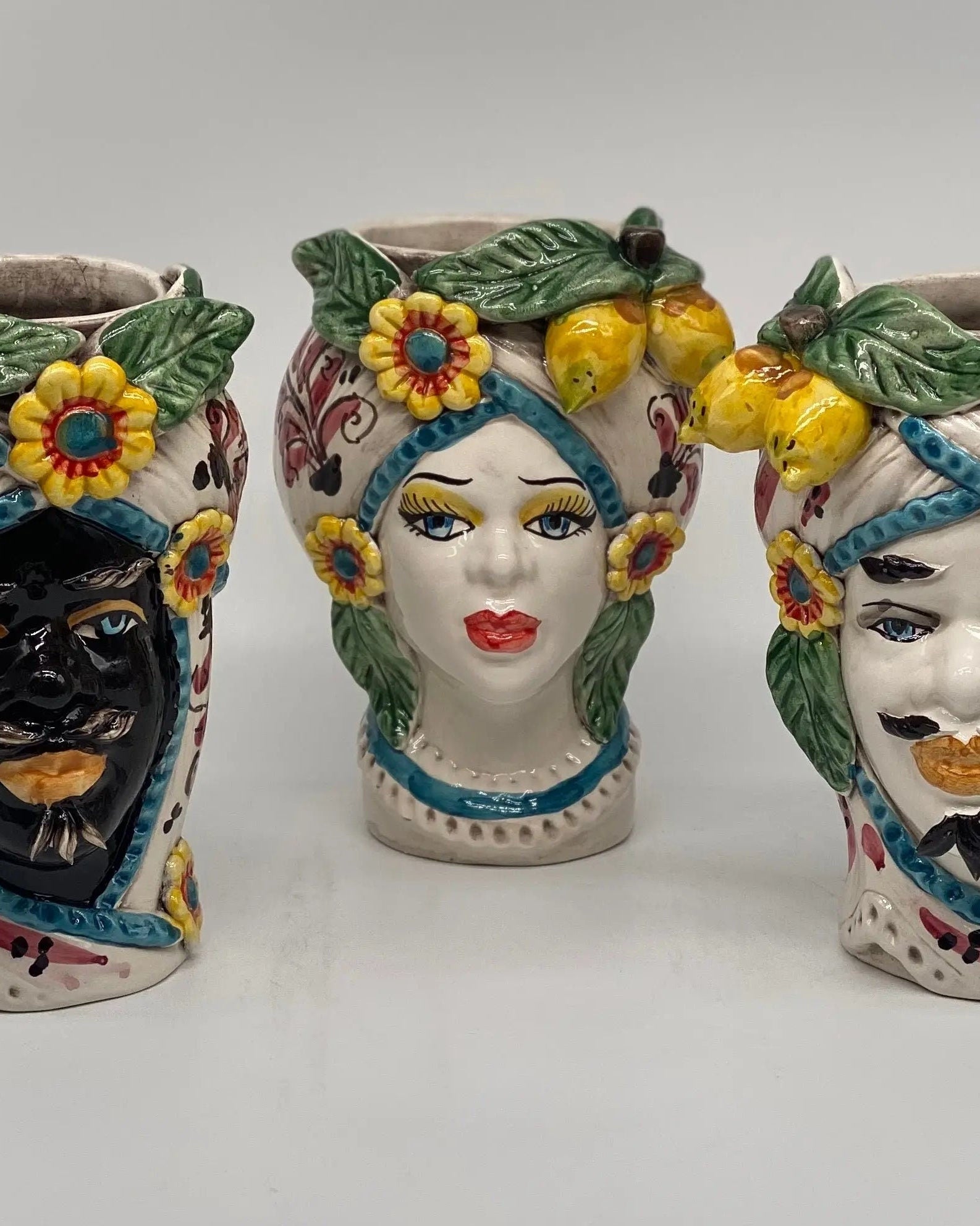 Teste di Moro Moresca Ceramica Caltagirone cm H.20 L.12 Artigianale Turbante Barocco Fiori Limoni DD CERAMICHE SICILIANE