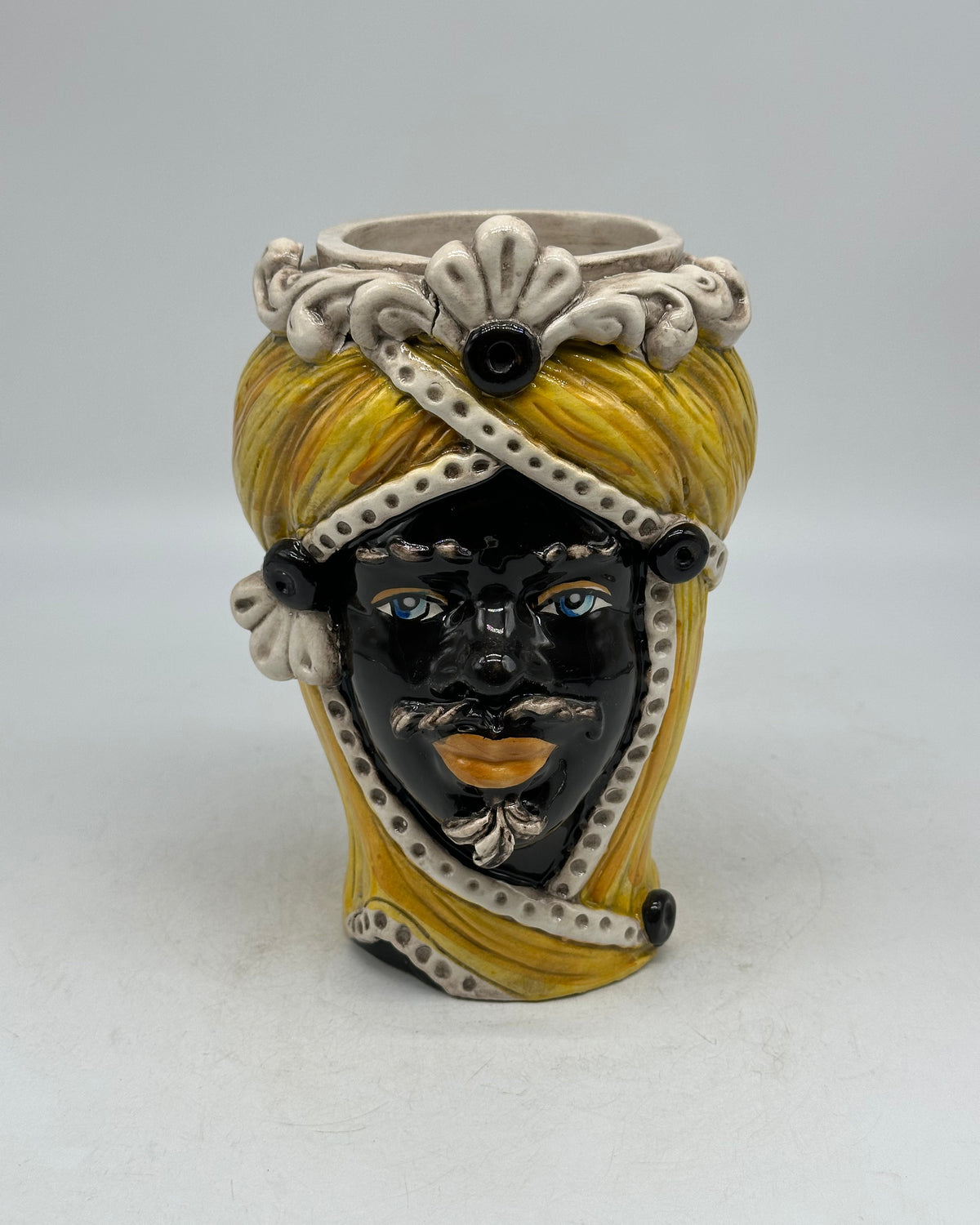 Teste di Moro Moresca Ceramica Caltagirone cm H.20 L.12 Artigianale Turbante Ocra - Uomo - TESTE DI MORO