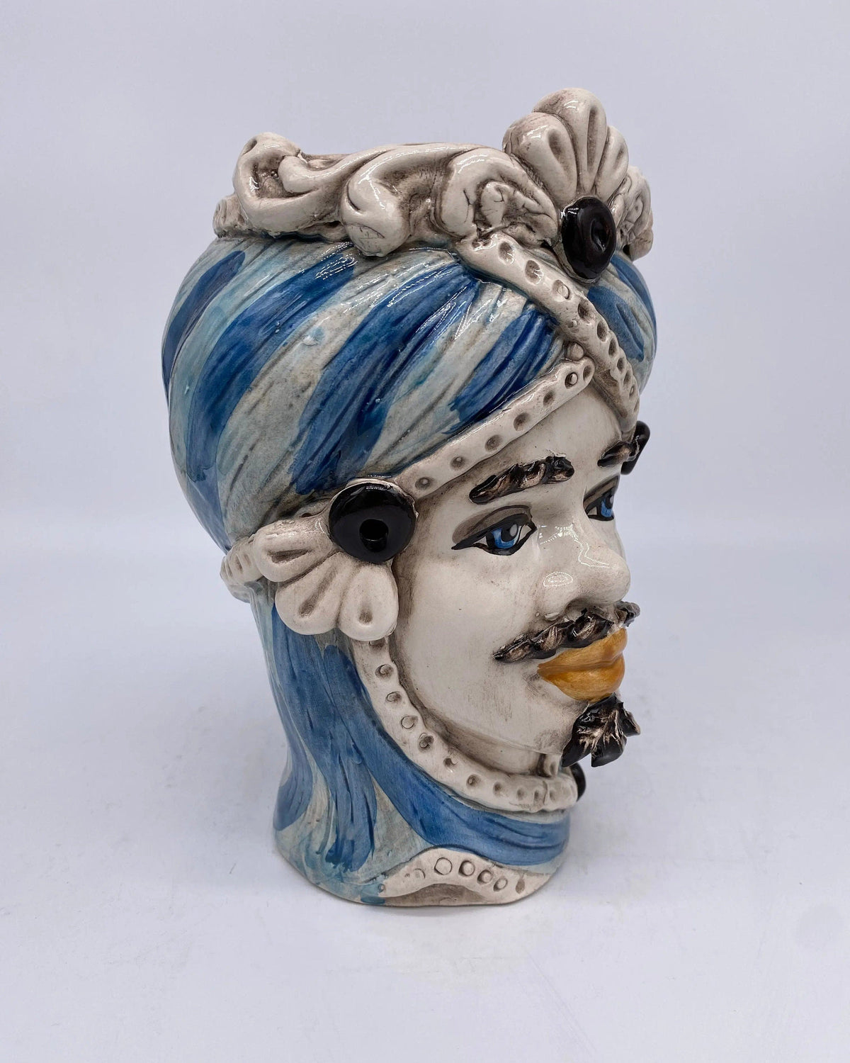 Teste di Moro Moresca Ceramica Caltagirone cm H.20 L.12 Artigianale Turbante Azzurro DD CERAMICHE SICILIANE