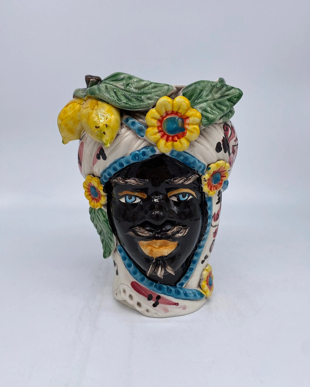 Teste di Moro Moresca Ceramica Caltagirone cm H.20 L.12 Artigianale Turbante Barocco Fiori Limoni DD CERAMICHE SICILIANE
