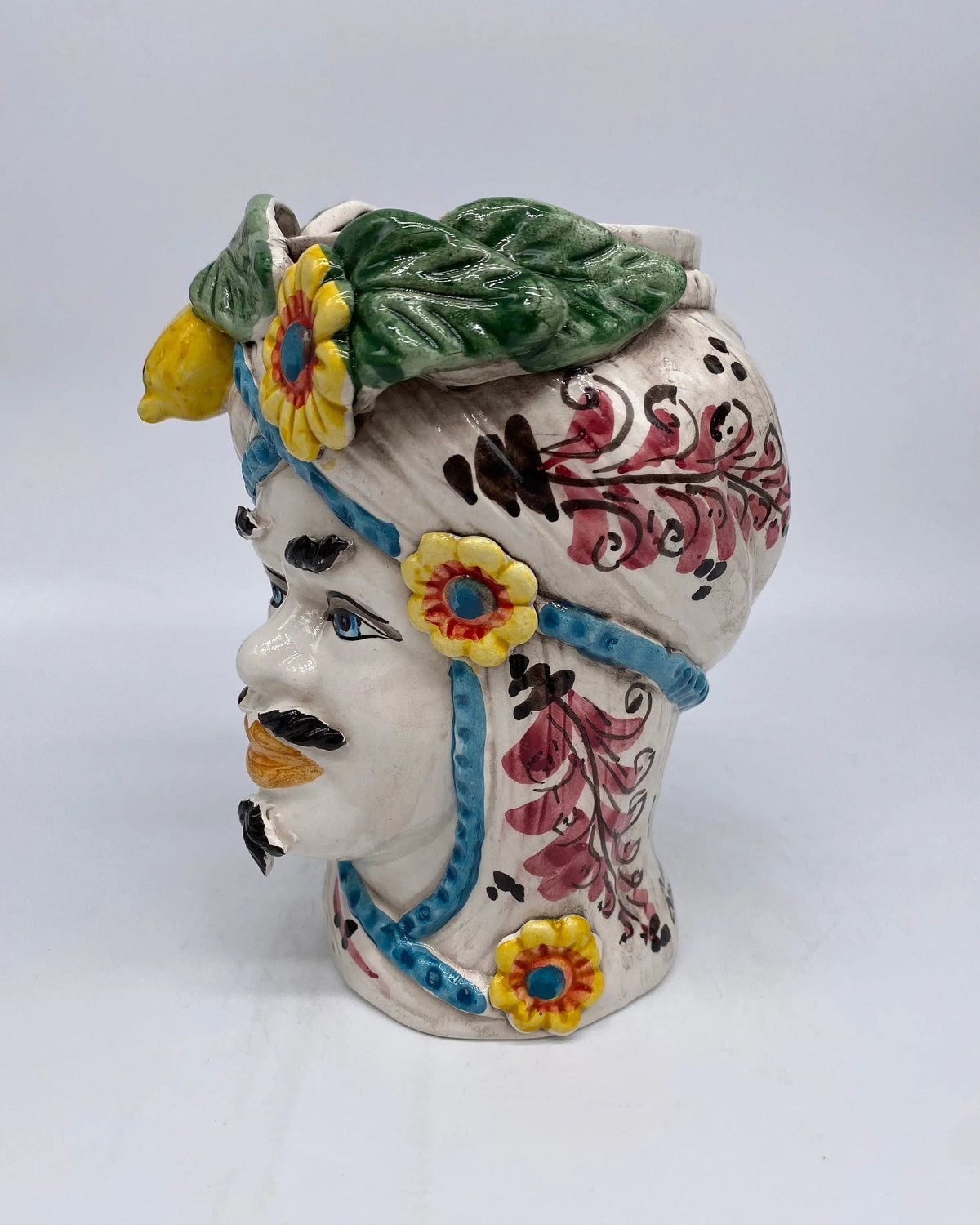 Teste di Moro Moresca Ceramica Caltagirone cm H.20 L.12 Artigianale Turbante Barocco Fiori Limoni DD CERAMICHE SICILIANE