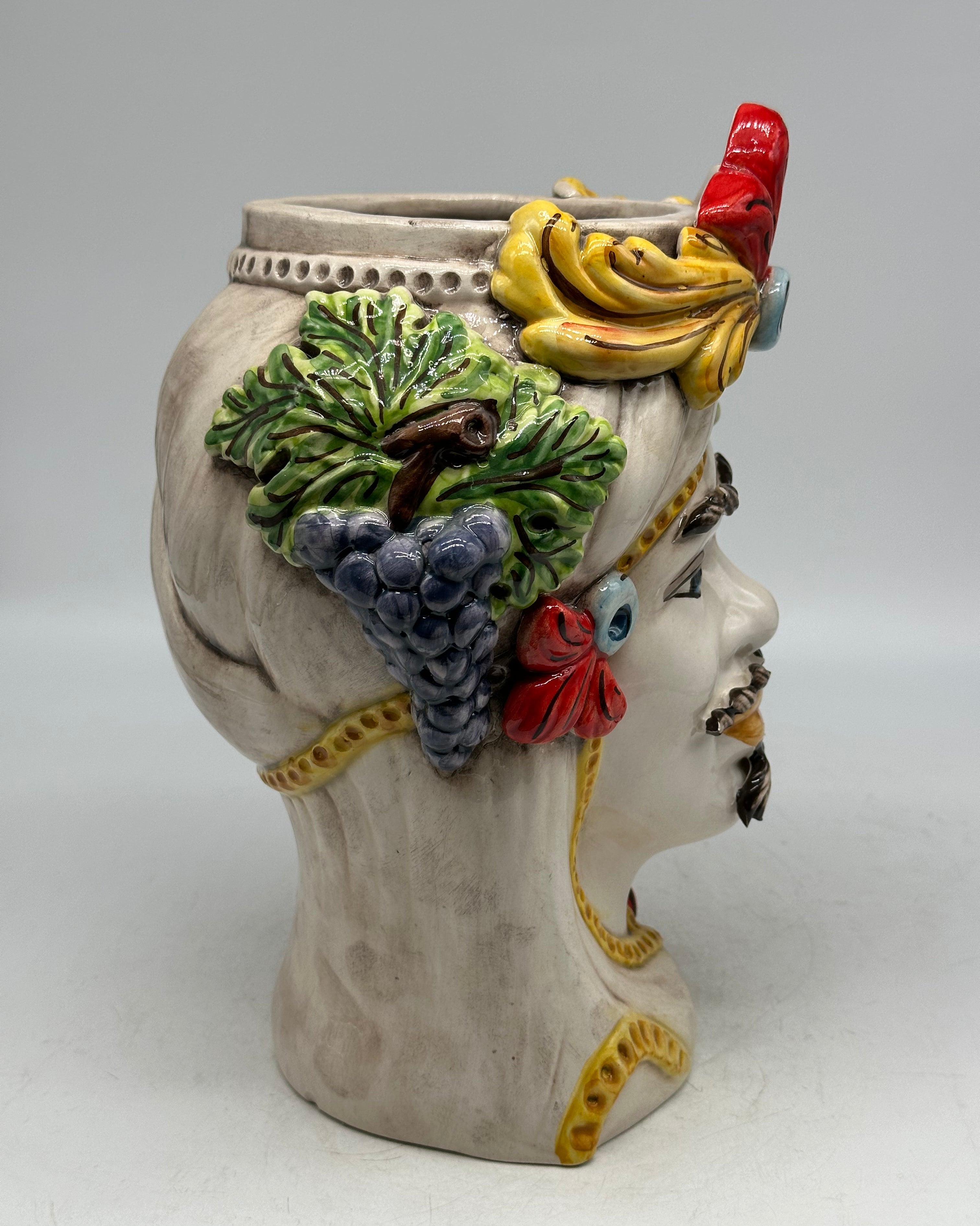 Teste di Moro Moresca Ceramica Caltagirone cm H.28 L.22 Artigianale Turbante Avorio Fiori Limoni