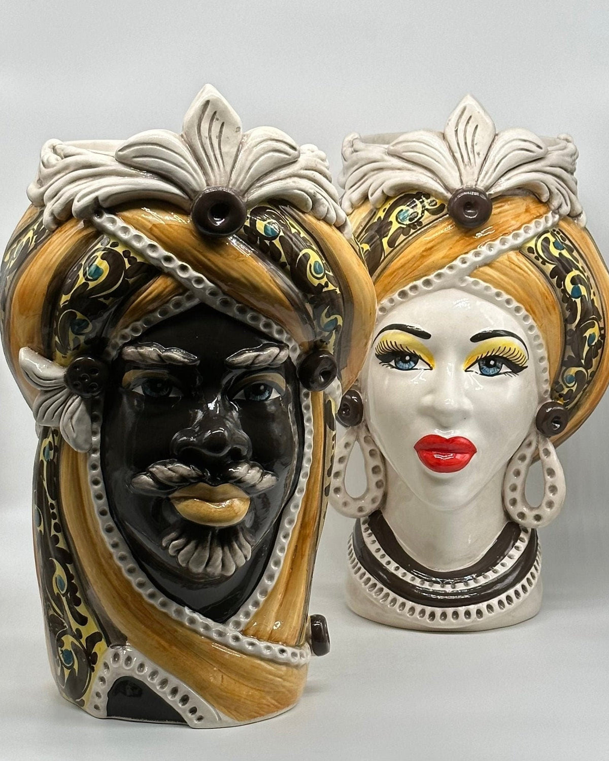 Teste di Moro Moresca Ceramica Caltagirone cm H.40 L.24 Artigianale Barocco Arancio - DD CERAMICHE SICILIANE