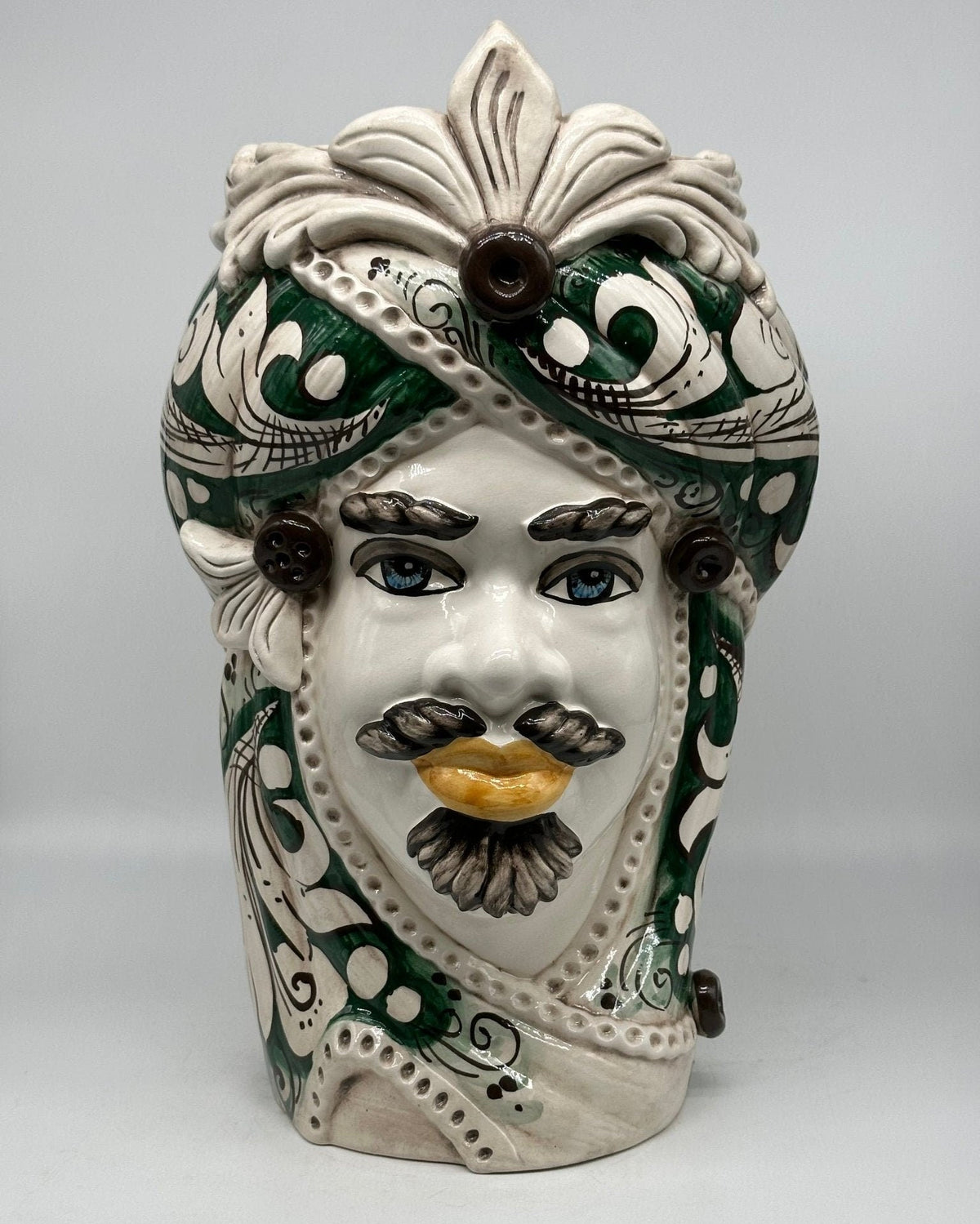 Teste di Moro Moresca Ceramica Caltagirone cm H.40 L.24 Artigianale Barocco Verde Prato - DD CERAMICHE SICILIANE