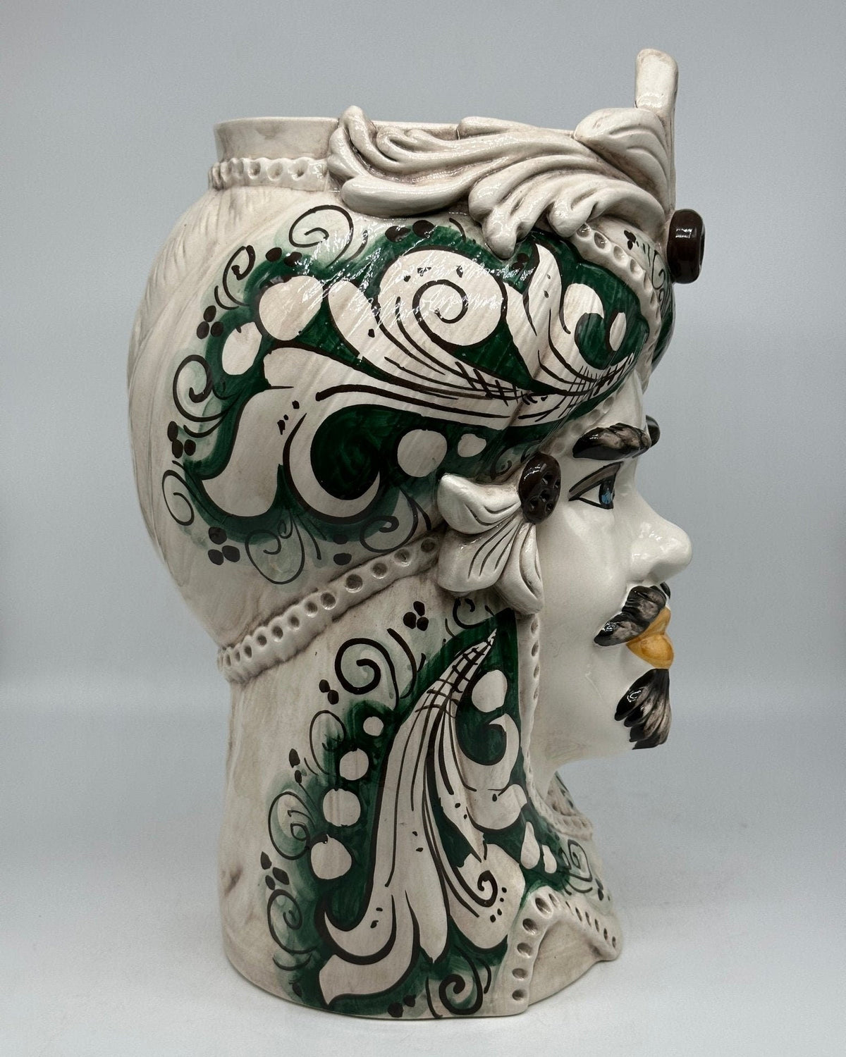 Teste di Moro Moresca Ceramica Caltagirone cm H.40 L.24 Artigianale Barocco Verde Prato - DD CERAMICHE SICILIANE