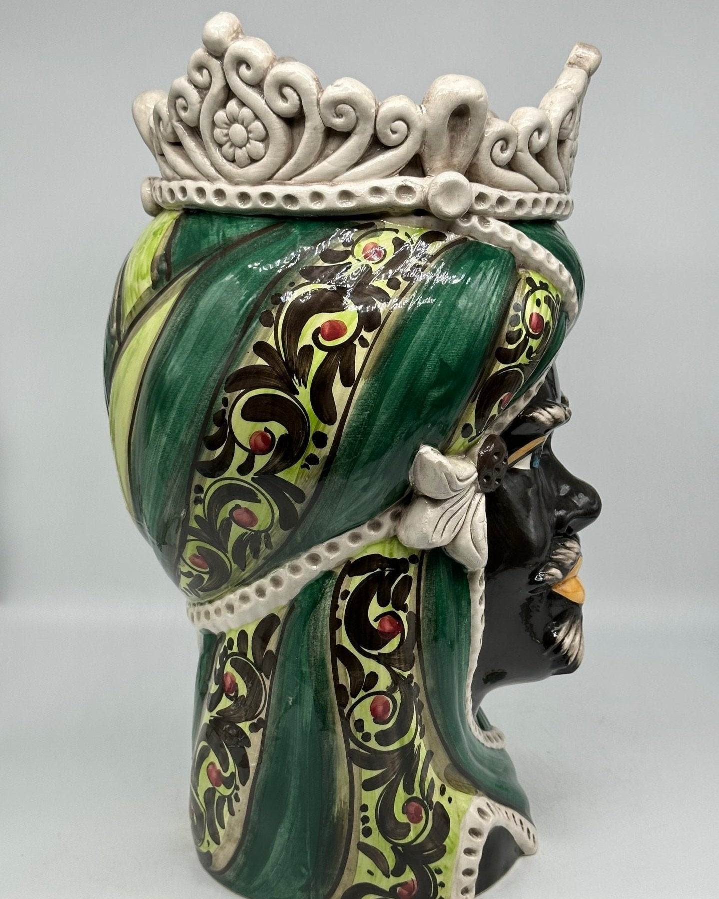 Teste di Moro Moresca Ceramica Caltagirone cm H.40 L.24 Artigianale Barocco Verde - DD CERAMICHE SICILIANE