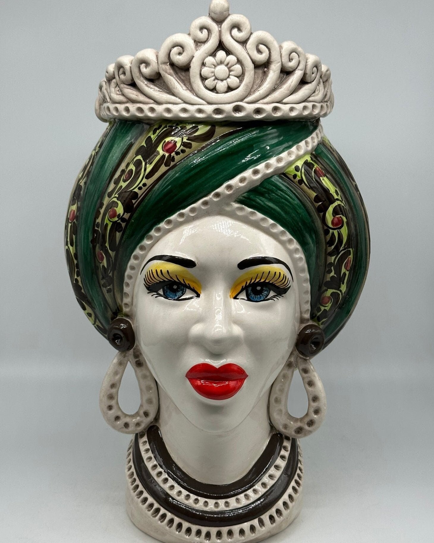Teste di Moro Moresca Ceramica Caltagirone cm H.40 L.24 Artigianale Barocco Verde - DD CERAMICHE SICILIANE