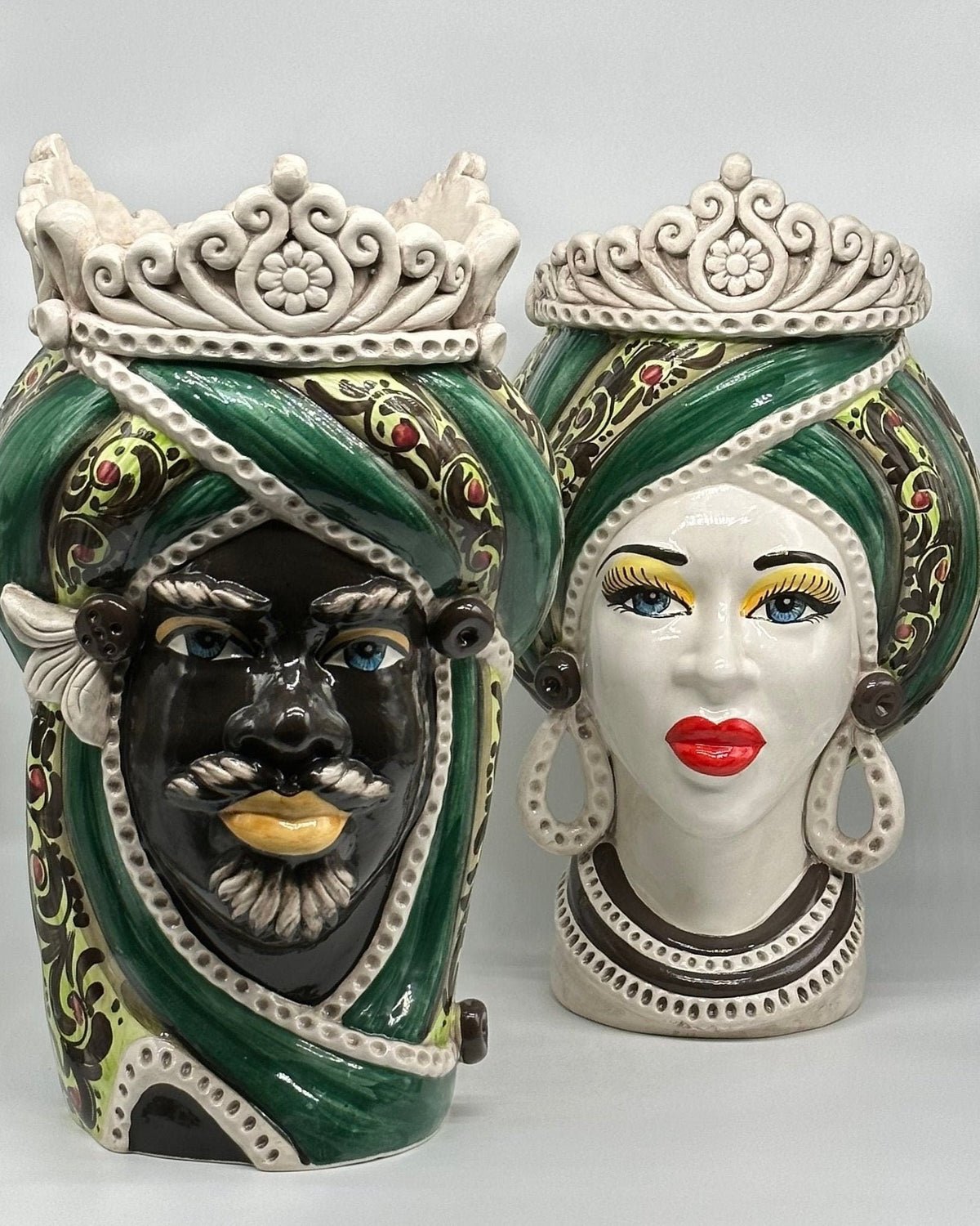 Teste di Moro Moresca Ceramica Caltagirone cm H.40 L.24 Artigianale Barocco Verde - DD CERAMICHE SICILIANE