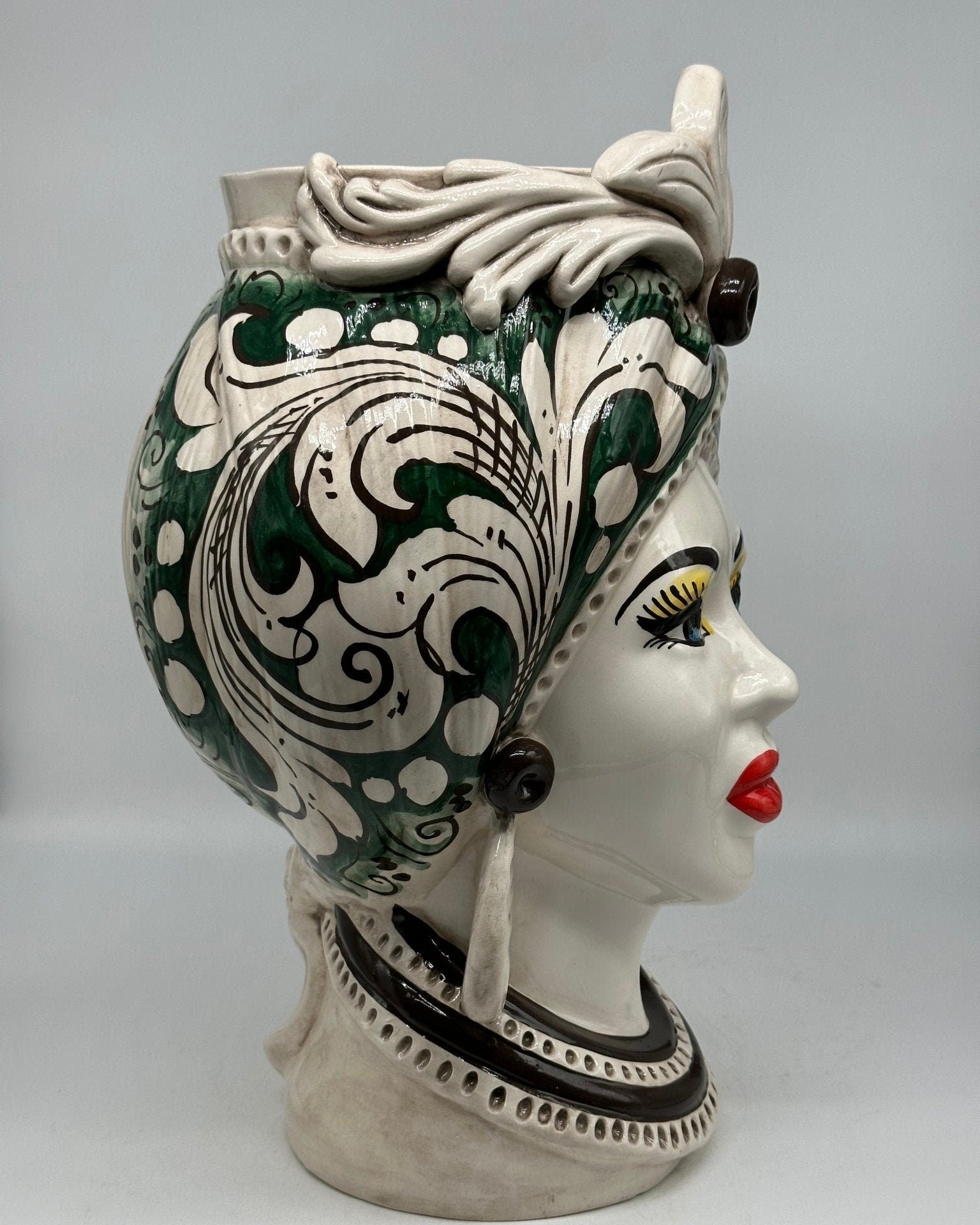 Teste di Moro Moresca Ceramica Caltagirone cm H.40 L.24 Artigianale Barocco Verde Prato - DD CERAMICHE SICILIANE