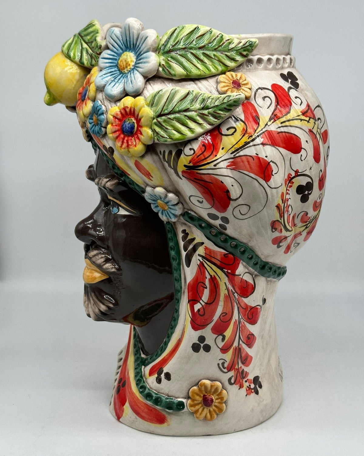 Teste di Moro Moresca Ceramica Caltagirone cm H.40 L.24 Artigianale Barocco Fiori Limoni - DD CERAMICHE SICILIANE