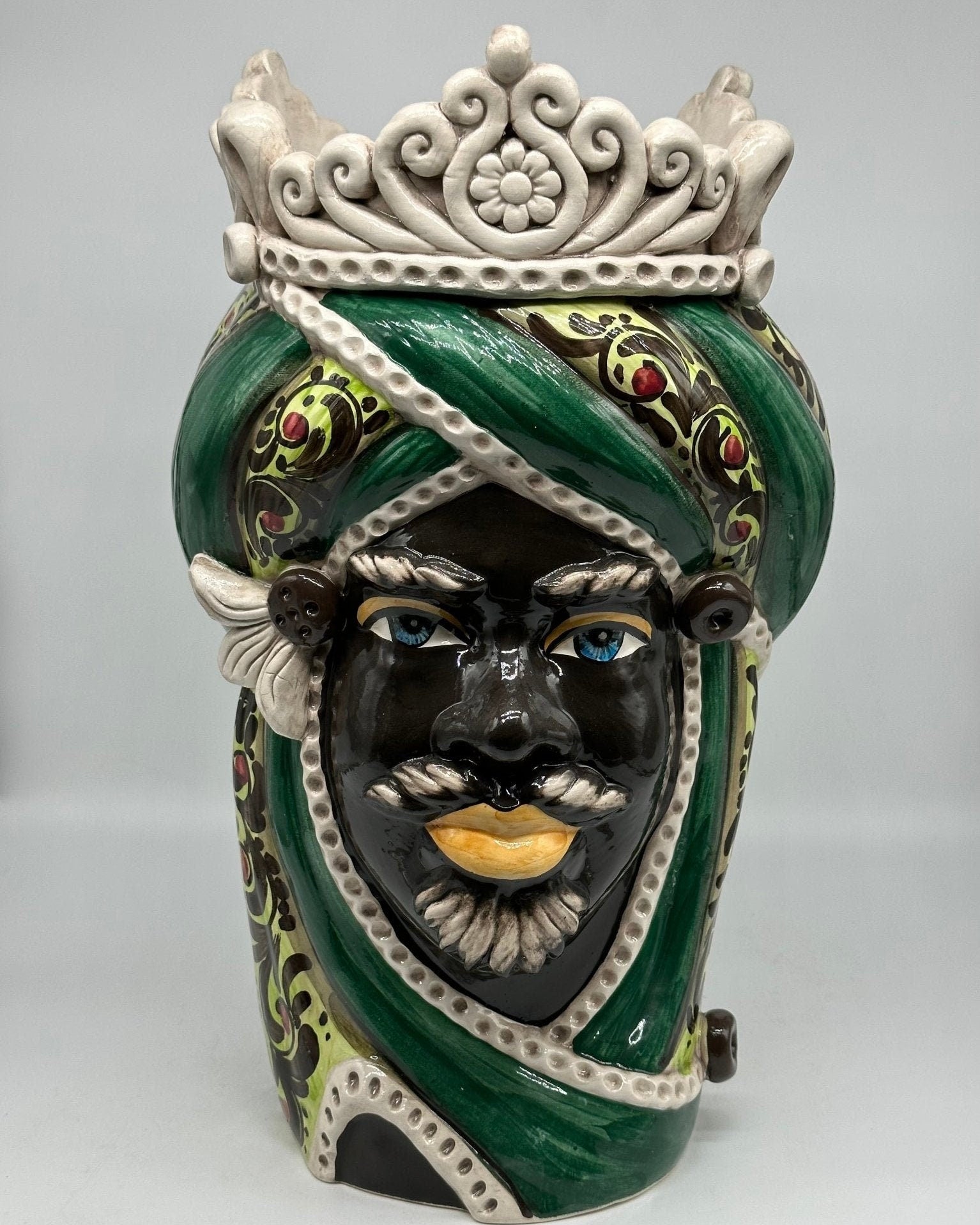 Teste di Moro Moresca Ceramica Caltagirone cm H.40 L.24 Artigianale Barocco Verde - DD CERAMICHE SICILIANE