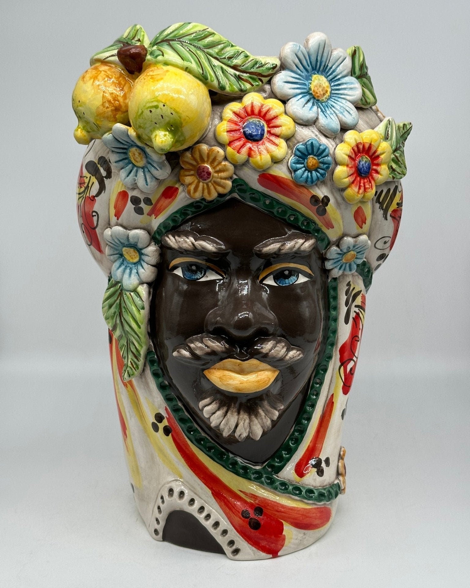 Teste di Moro Moresca Ceramica Caltagirone cm H.40 L.24 Artigianale Barocco Fiori Limoni - DD CERAMICHE SICILIANE