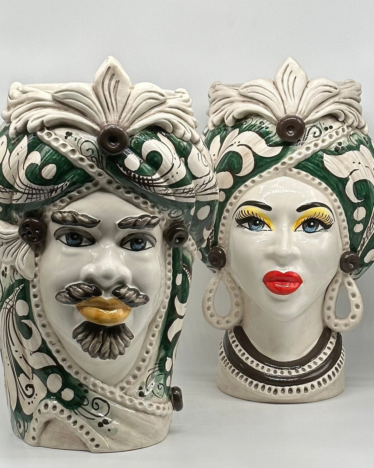 Teste di Moro Moresca Ceramica Caltagirone cm H.40 L.24 Artigianale Barocco Verde Prato - DD CERAMICHE SICILIANE