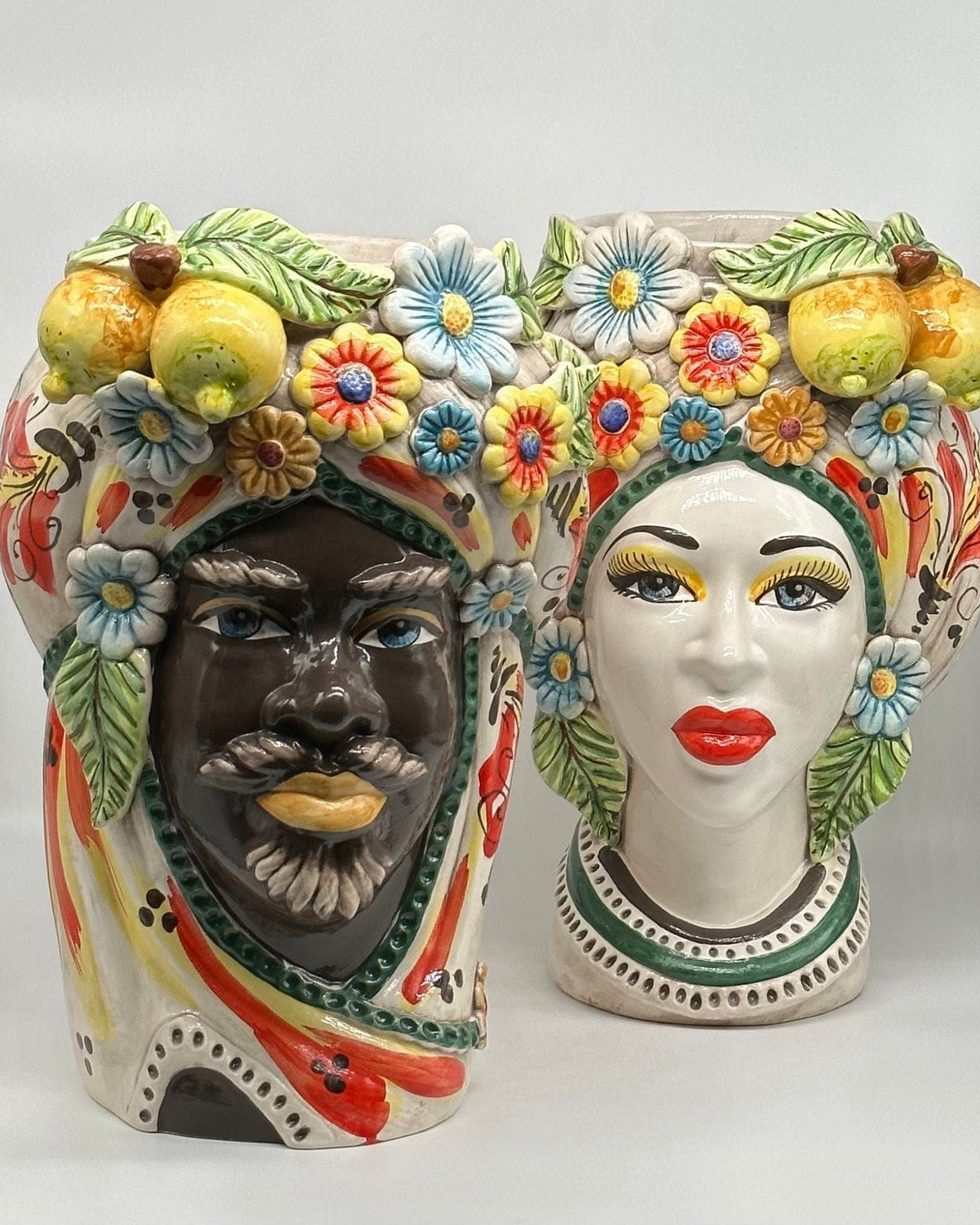 Teste di Moro Moresca Ceramica Caltagirone cm H.40 L.24 Artigianale Barocco Fiori Limoni - DD CERAMICHE SICILIANE
