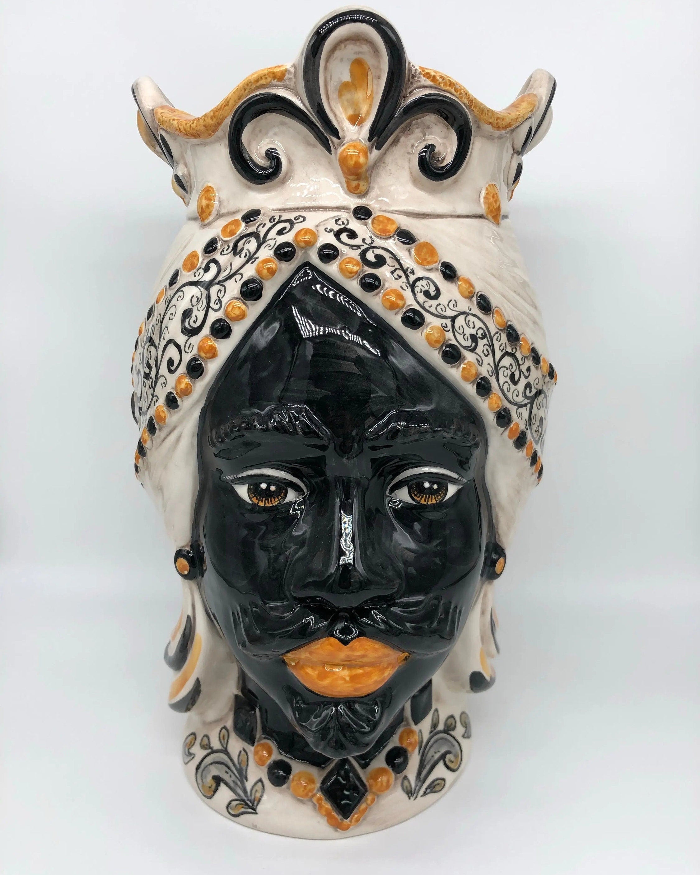 Teste di Moro Saturno Ceramica Caltagirone cm H.37 L.22 Artigianale Barocco Ocra Nero DD CERAMICHE SICILIANE