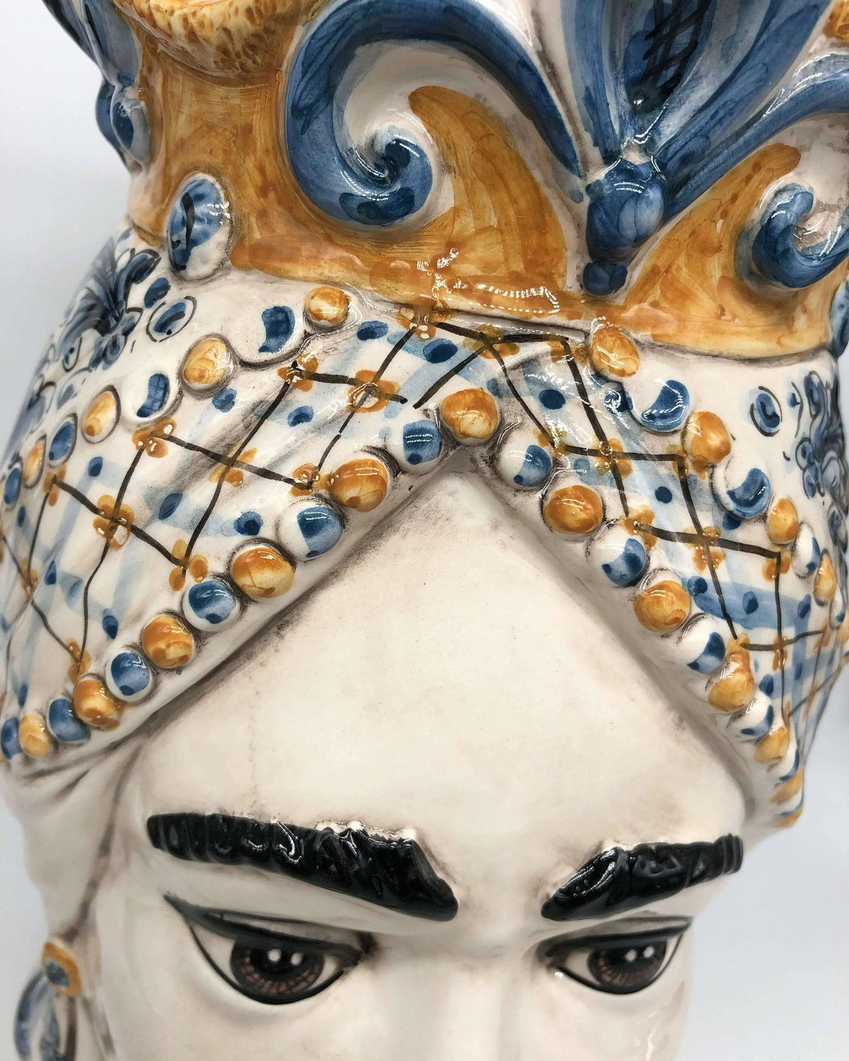 Teste di Moro Saturno Ceramica Caltagirone cm H.37 L.22 Artigianale Barocco Ocra Blu DD CERAMICHE SICILIANE