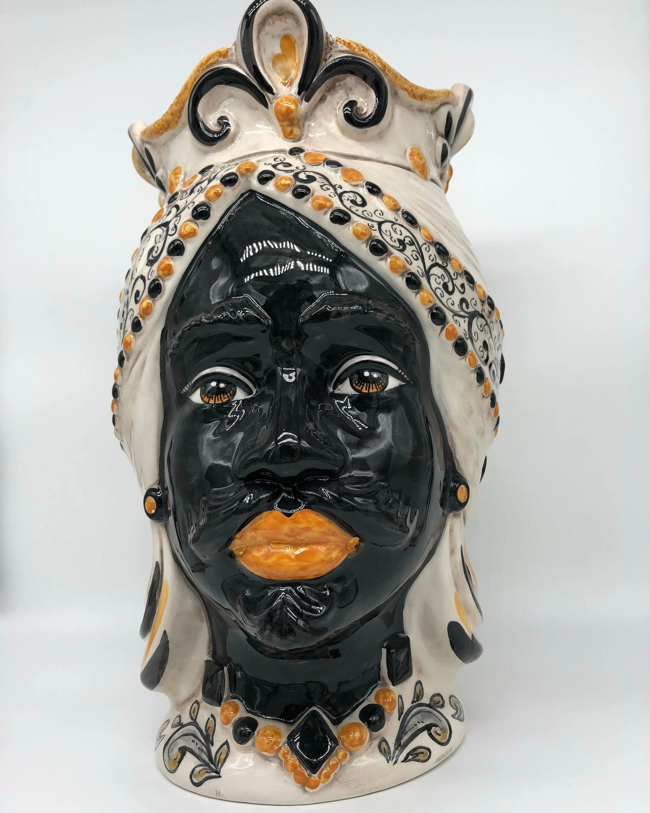 Teste di Moro Saturno Ceramica Caltagirone cm H.37 L.22 Artigianale Barocco Ocra Nero DD CERAMICHE SICILIANE