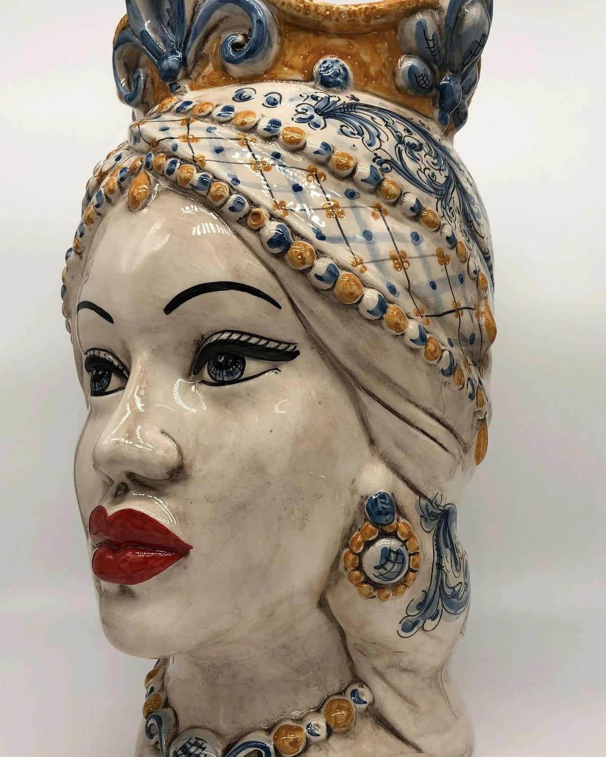 Teste di Moro Saturno Ceramica Caltagirone cm H.37 L.22 Artigianale Barocco Ocra Blu DD CERAMICHE SICILIANE