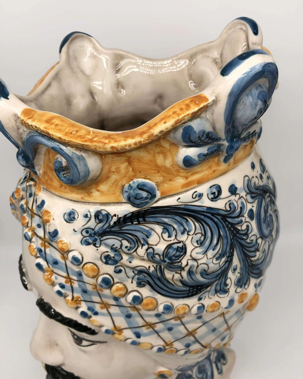 Teste di Moro Saturno Ceramica Caltagirone cm H.37 L.22 Artigianale Barocco Ocra Blu DD CERAMICHE SICILIANE