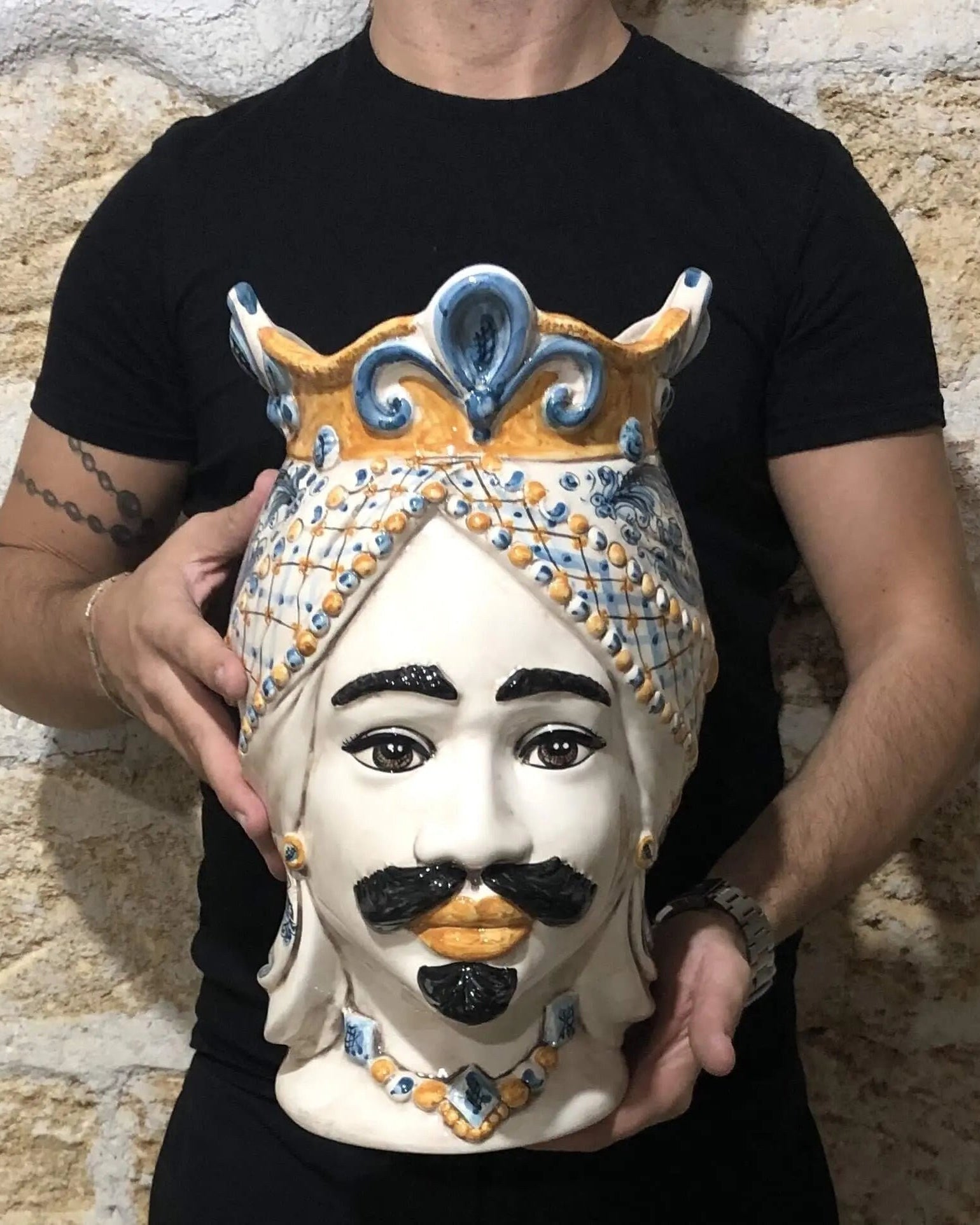 Teste di Moro Saturno Ceramica Caltagirone cm H.37 L.22 Artigianale Barocco Ocra Blu DD CERAMICHE SICILIANE