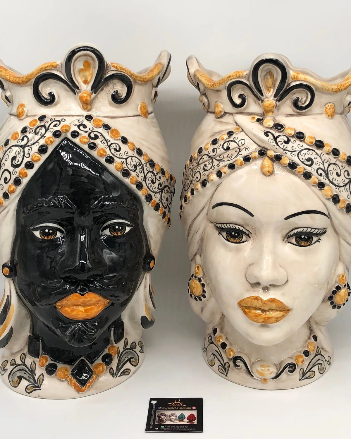 Teste di Moro Saturno Ceramica Caltagirone cm H.37 L.22 Artigianale Barocco Ocra Nero DD CERAMICHE SICILIANE