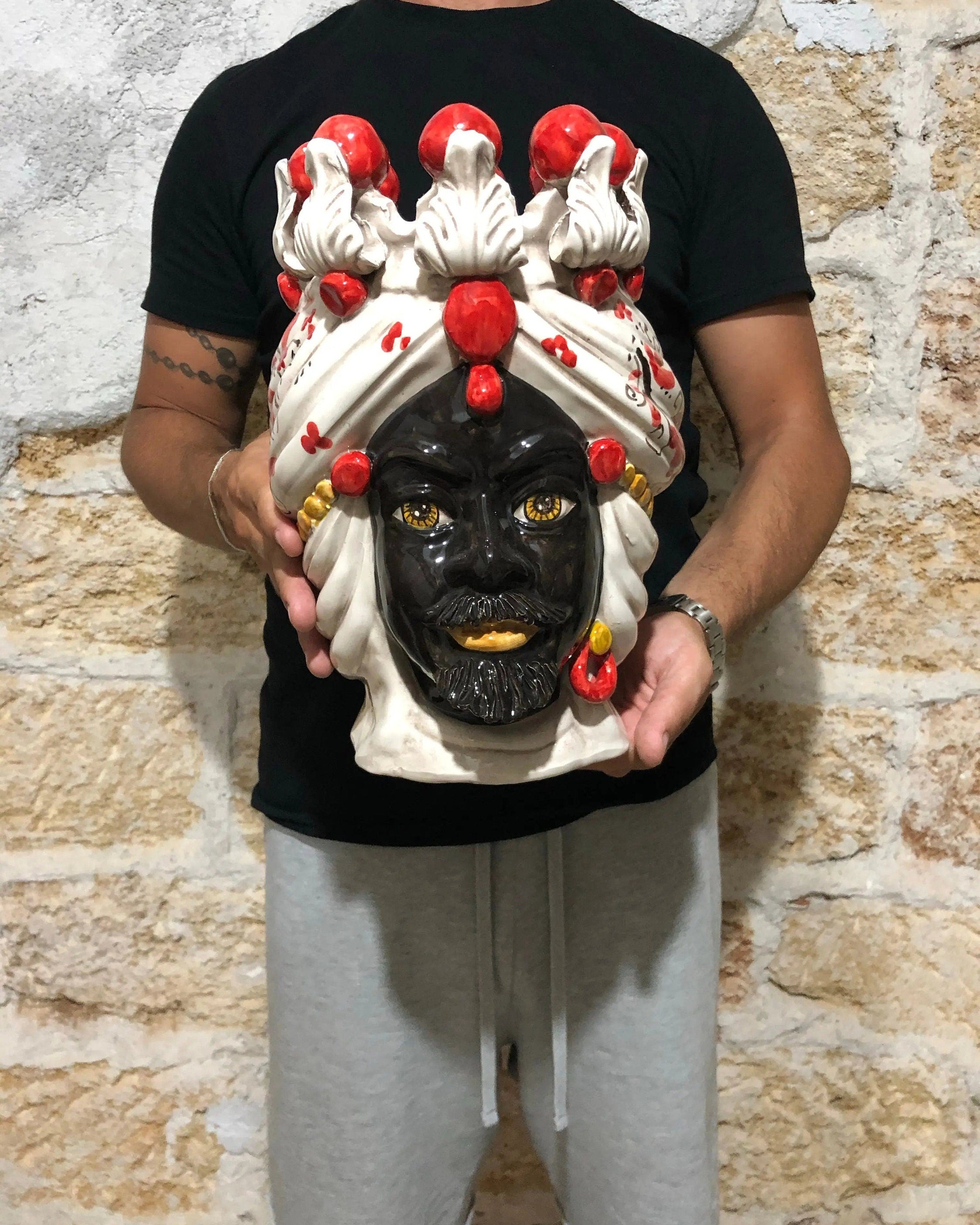Teste di Moro Seicento Ceramica Caltagirone cm H.30 L.20 Artigianale Rosso DD CERAMICHE SICILIANE