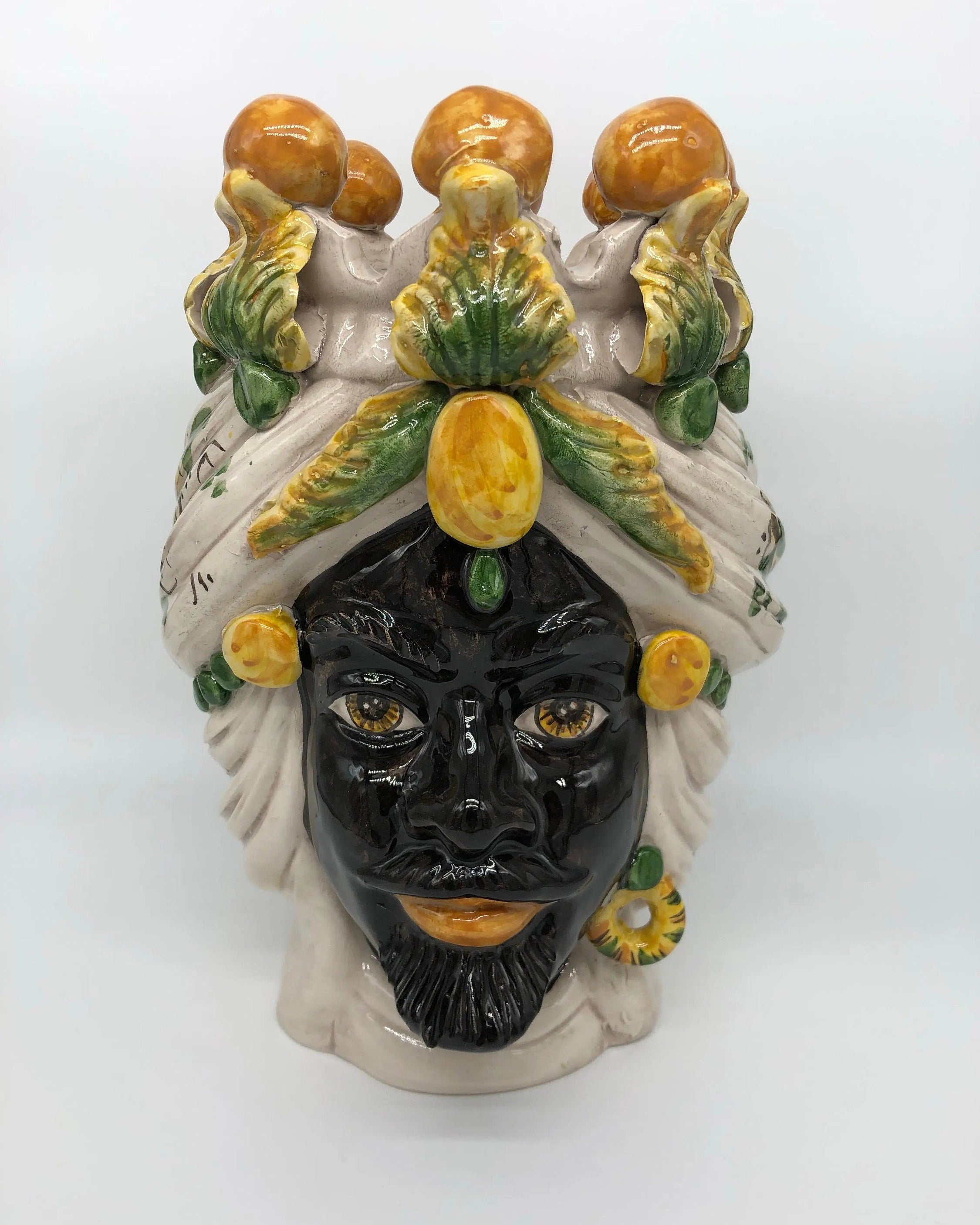 Teste di Moro Seicento Ceramica Caltagirone cm H.30 L.20 Artigianale Verde Giallo DD CERAMICHE SICILIANE