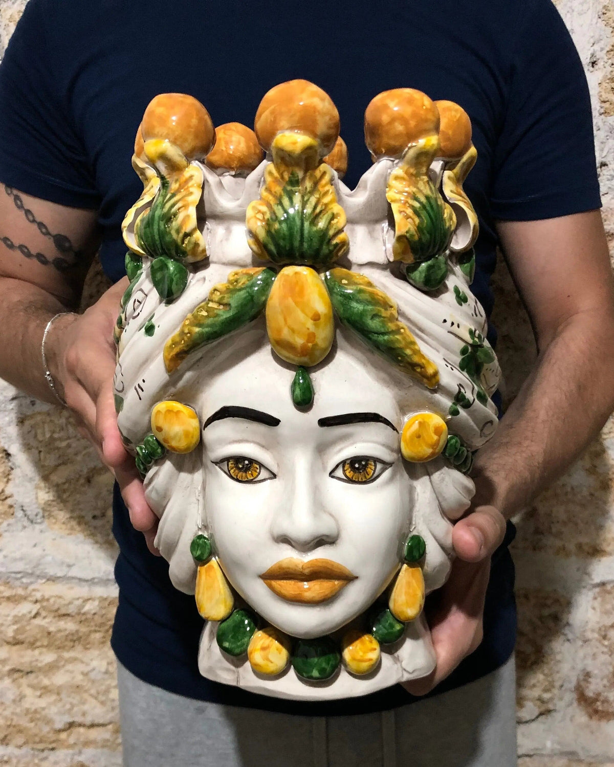 Teste di Moro Seicento Ceramica Caltagirone cm H.30 L.20 Artigianale Verde Giallo DD CERAMICHE SICILIANE