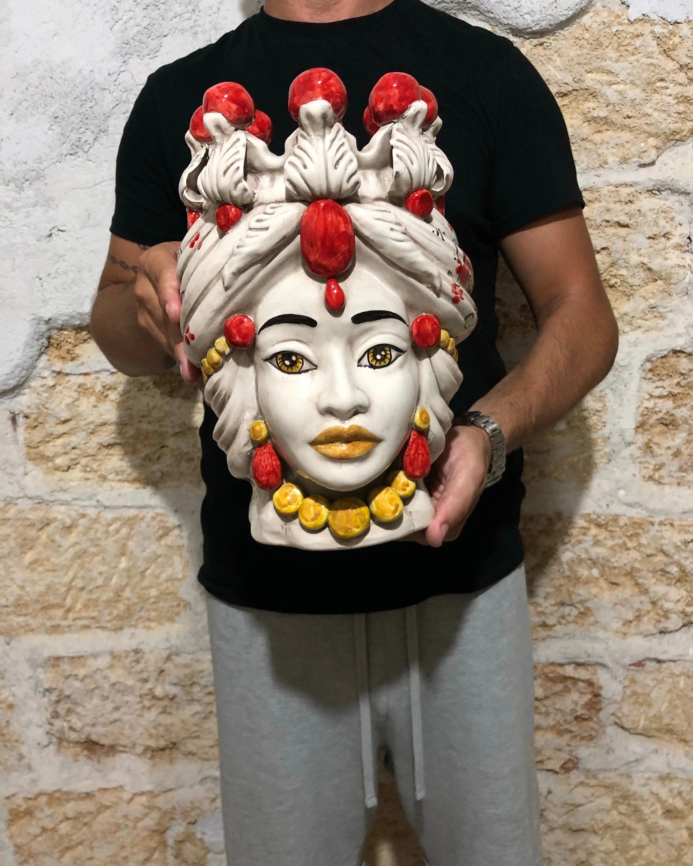 Teste di Moro Seicento Ceramica Caltagirone cm H.30 L.20 Artigianale Rosso DD CERAMICHE SICILIANE