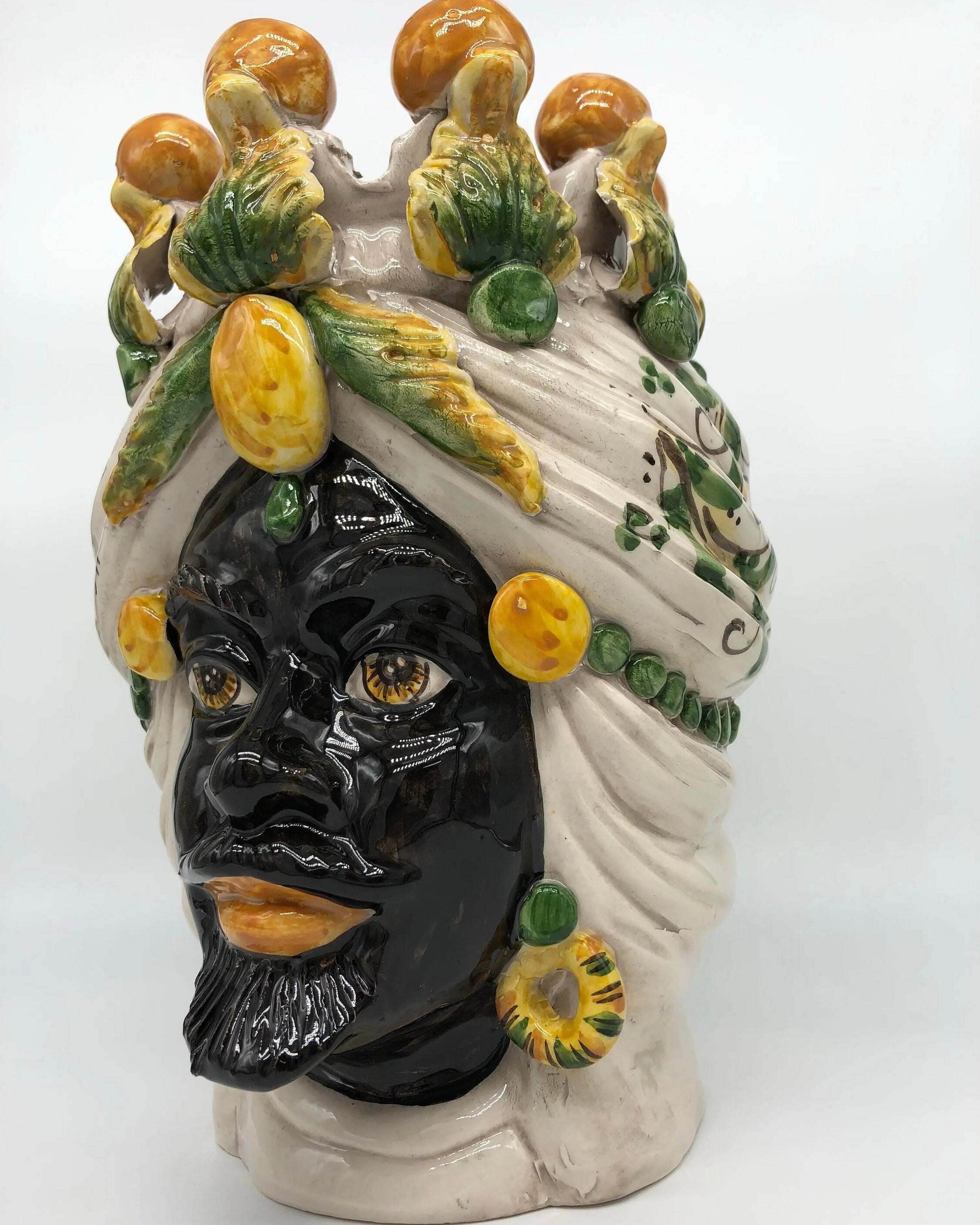 Teste di Moro Seicento Ceramica Caltagirone cm H.30 L.20 Artigianale Verde Giallo DD CERAMICHE SICILIANE