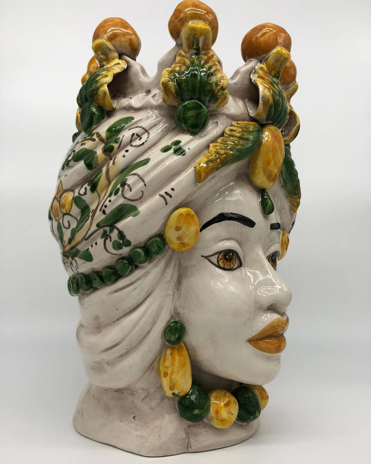 Teste di Moro Seicento Ceramica Caltagirone cm H.30 L.20 Artigianale Verde Giallo DD CERAMICHE SICILIANE