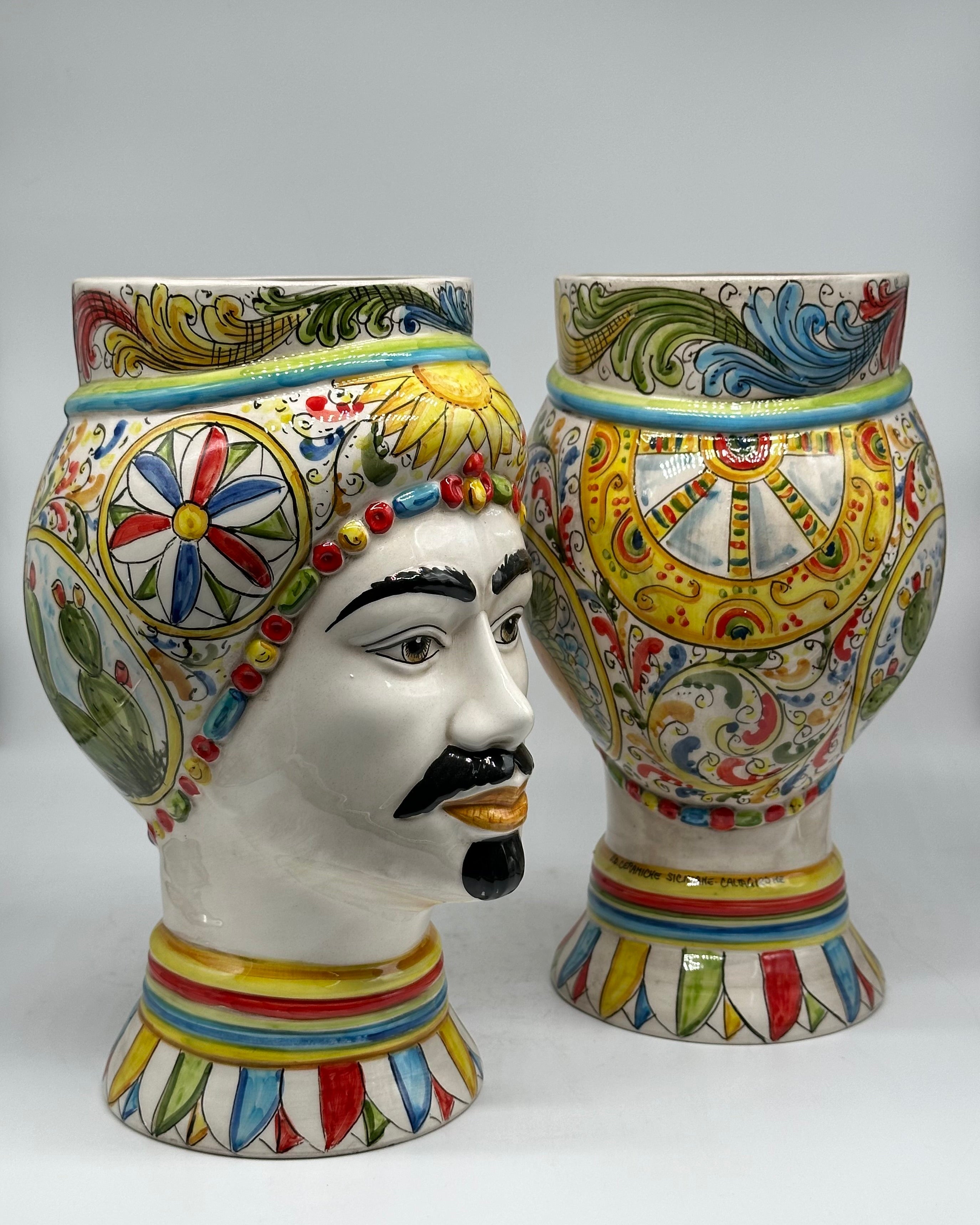 Teste di Moro Token Ceramica Caltagirone cm H.31 L.18 Artigianale Decoro Carretto V.2 - TESTA DI MORO